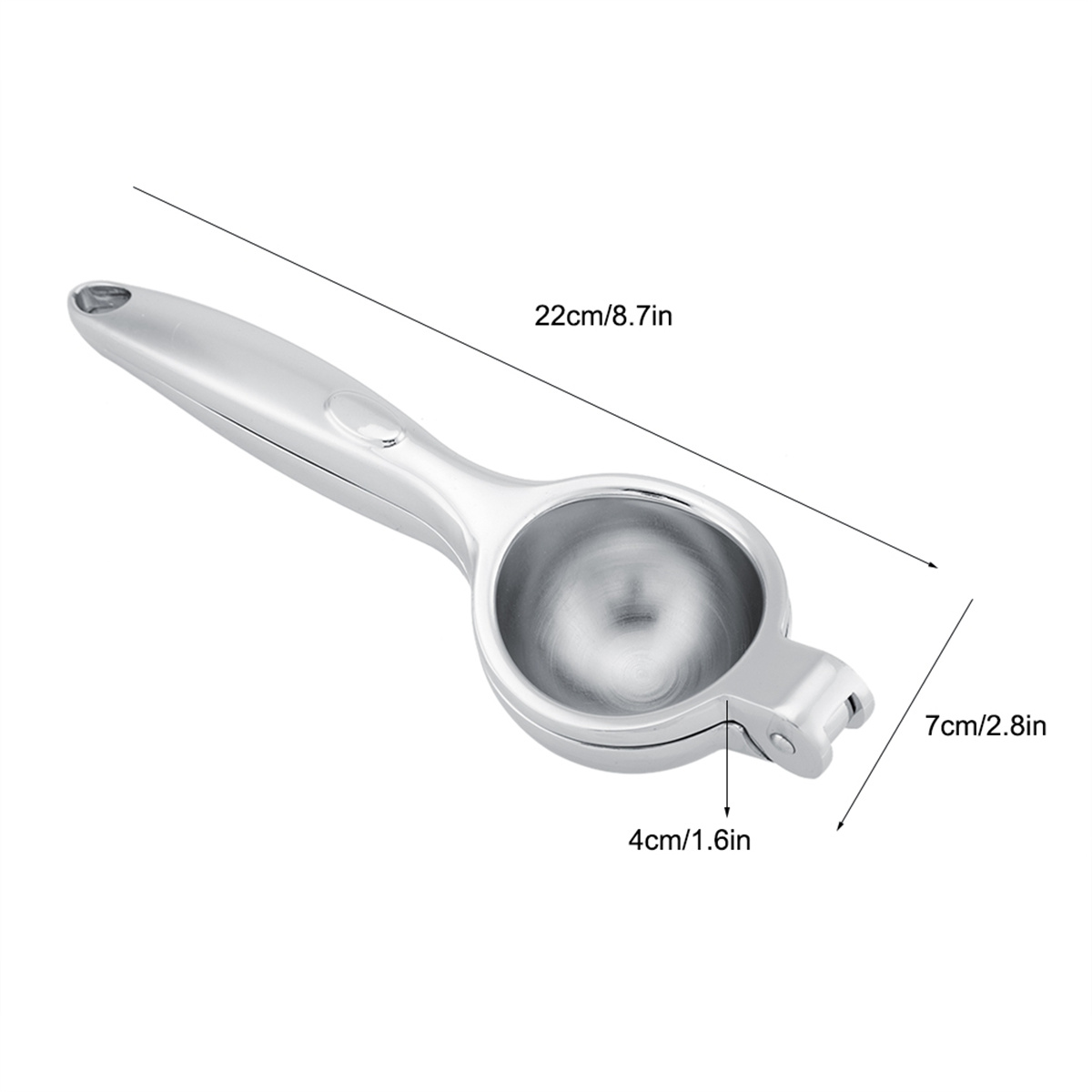 Silberne Zitronenpresse. Das Bild zeigt die Abmessungen: 22cm/8.7in, 7cm/2.8in, 4cm/1.6in.