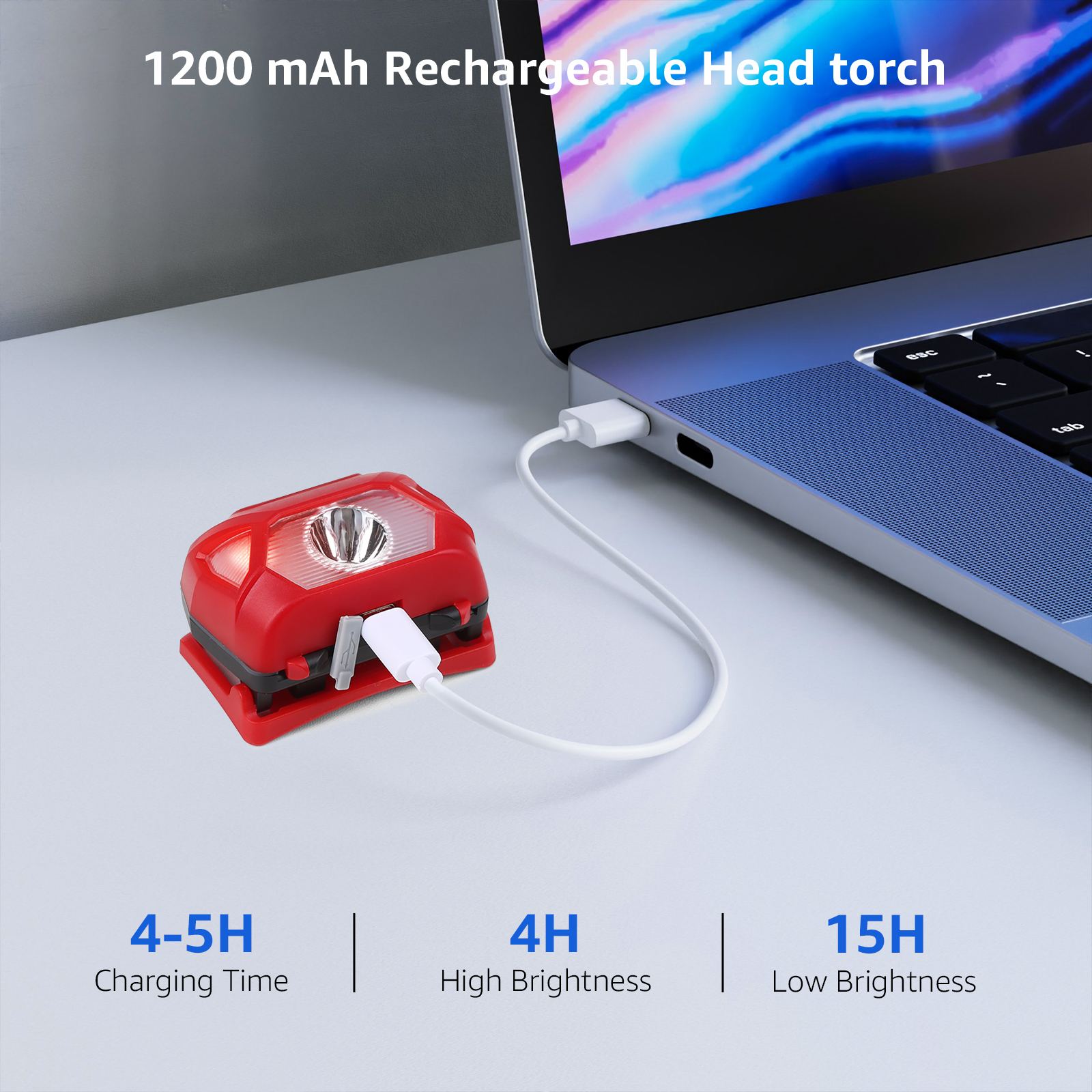 Eine rote Stirnlampe ist über ein weißes Kabel mit einem Laptop verbunden, mit Lade- und Helligkeitsangaben.