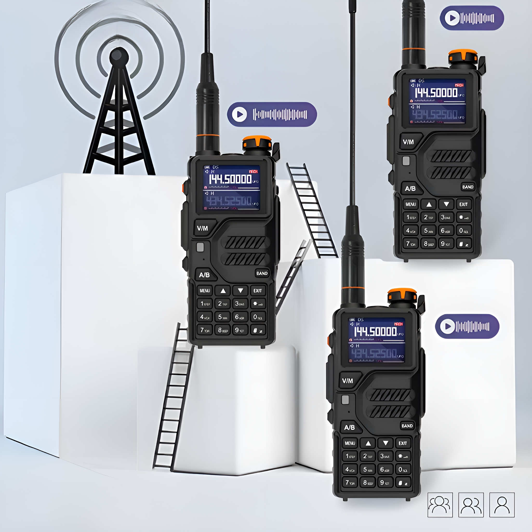 Drei Walkie-Talkies mit Antennen und Digitalanzeige, mit einem Turm-Symbol.