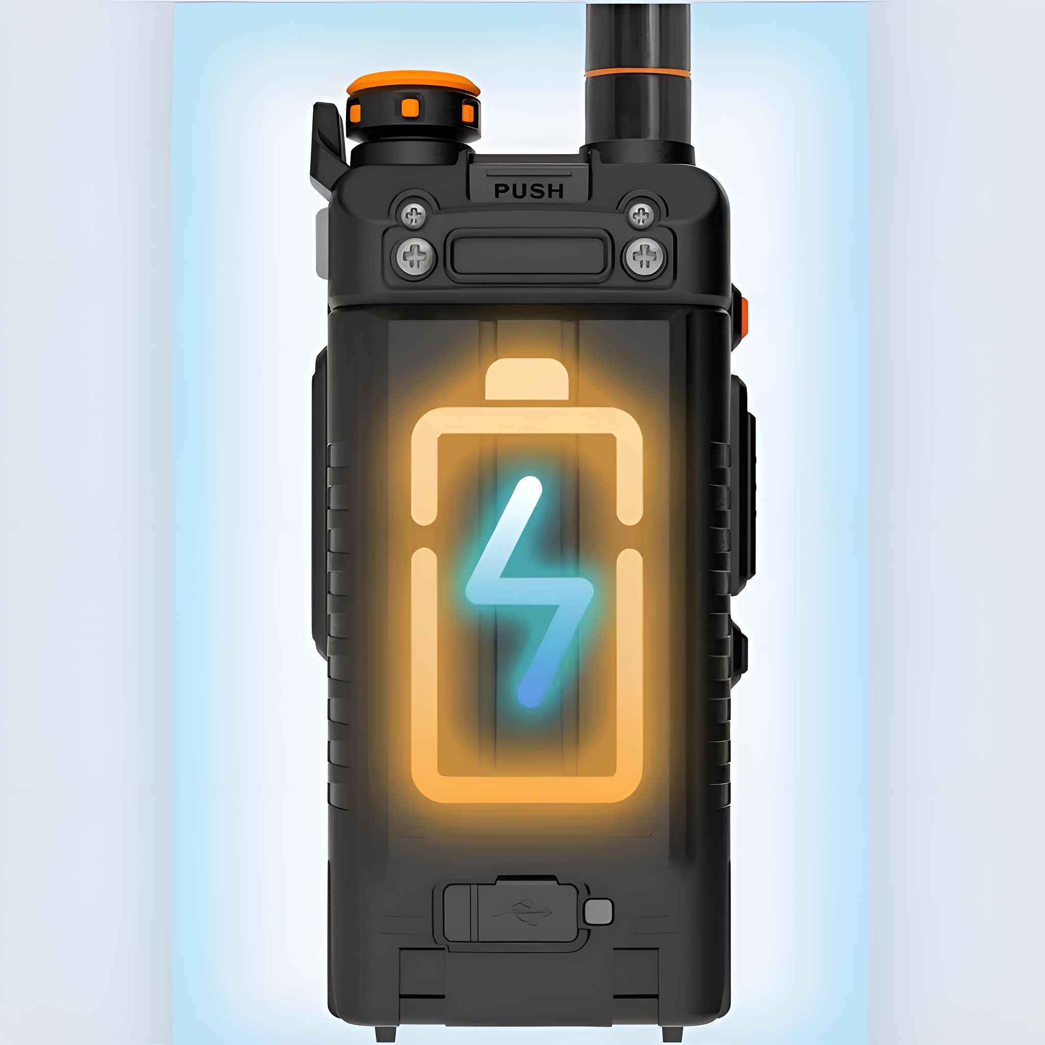 Schwarzes Walkie-Talkie mit leuchtendem Akkusymbol, das den Ladezustand anzeigt.