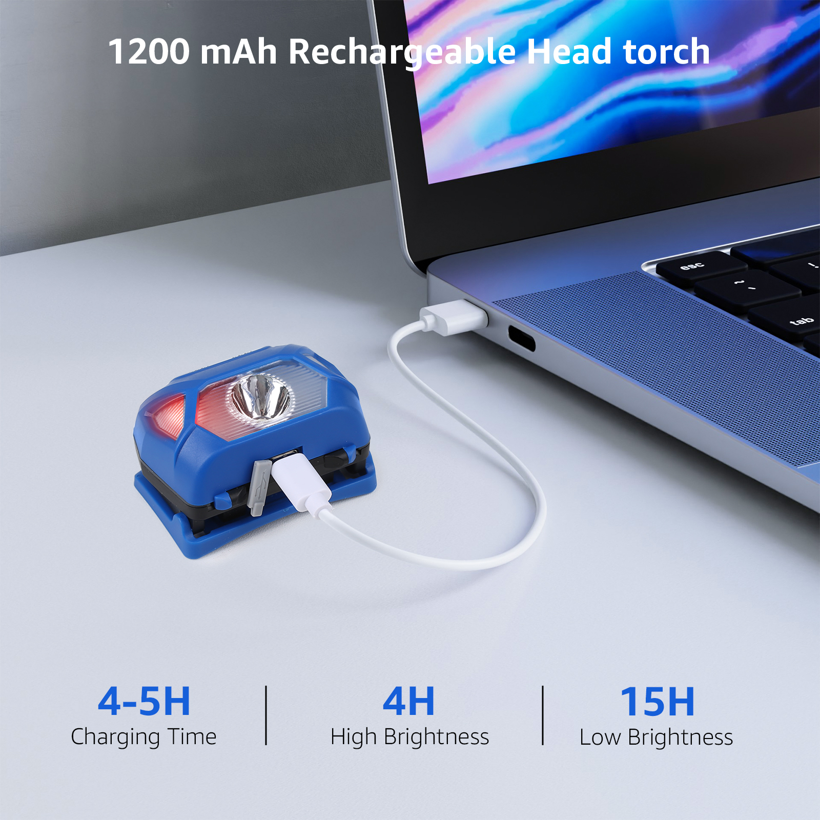 Blaue Stirnlampe, die von einem Laptop aufgeladen wird, mit Text darunter.