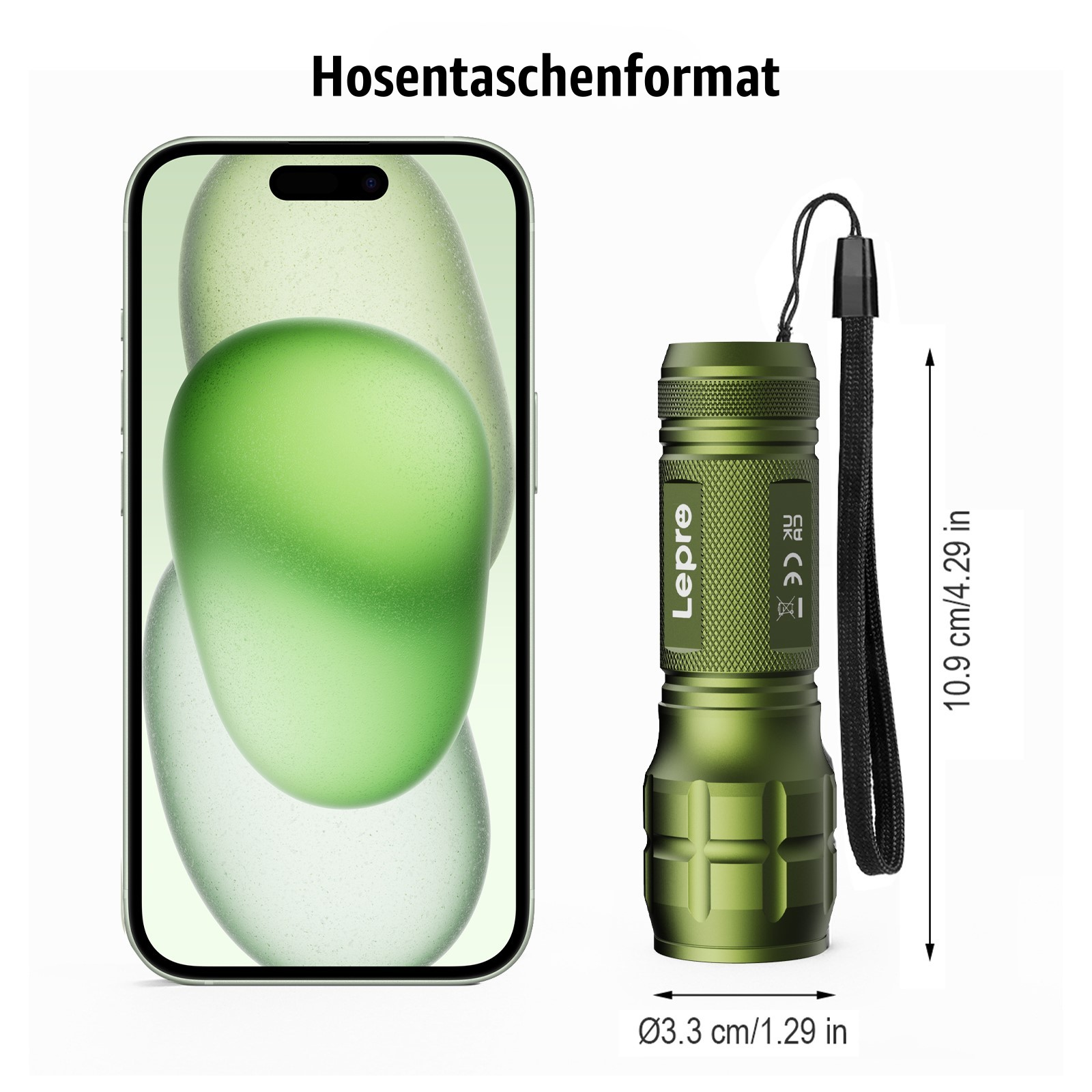 Grüne Taschenlampe neben einem Handy. Text sagt 'Hosentaschenformat'. Es hat Abmessungen in cm und Zoll.