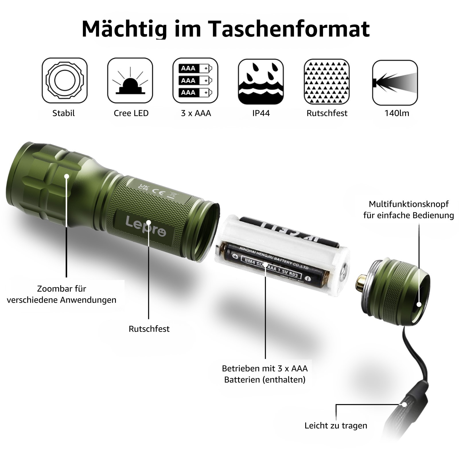 Grüne Taschenlampe mit beschrifteten Komponenten, die Batterien, Zoom und andere Funktionen zeigen.