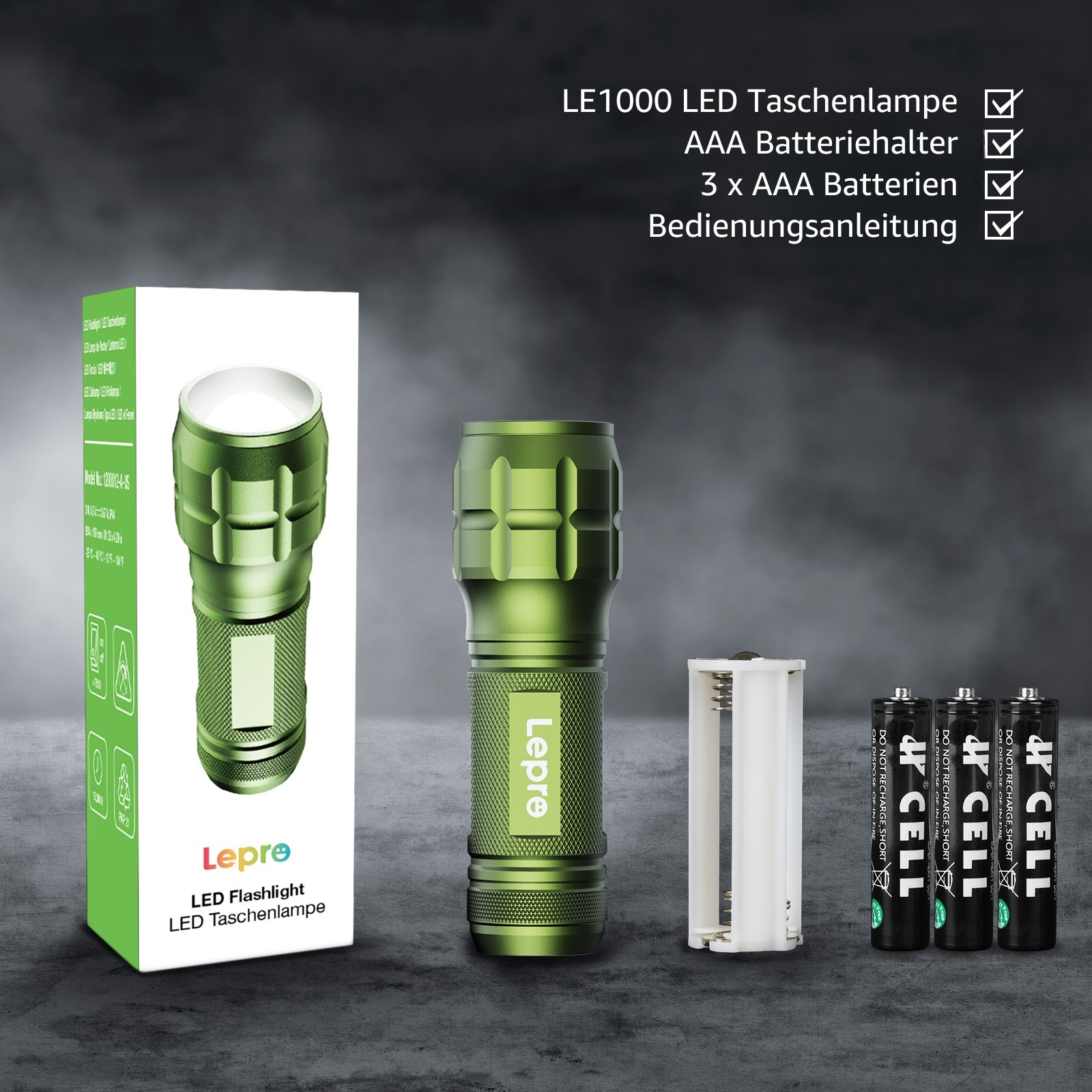 Eine grüne LED-Taschenlampe, mit Batterien und einer Anleitung. Eine weiße Box mit dem Taschenlampenbild.