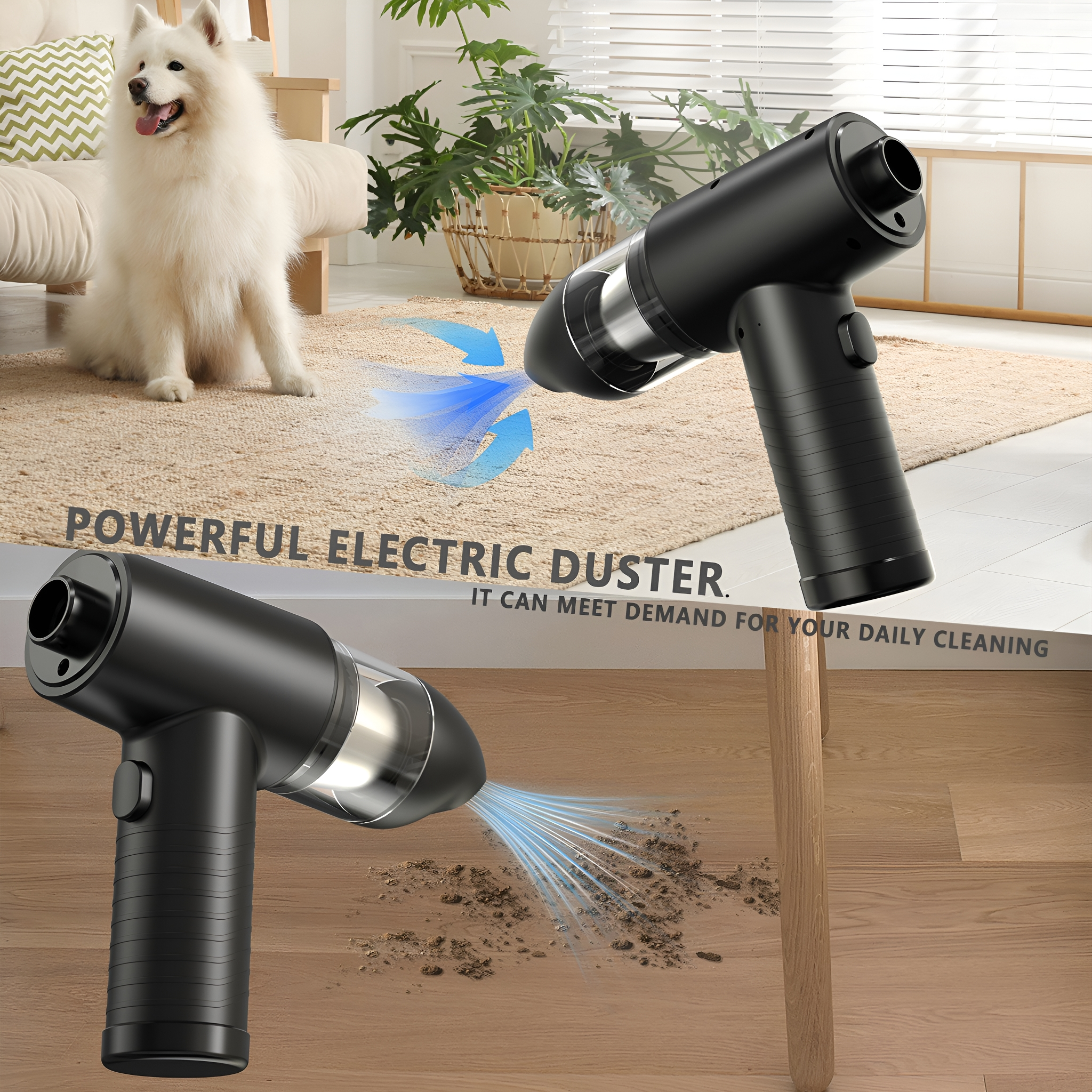 Schwarzer elektrischer Staubwedel mit blauem Luftstrom. Im Hintergrund ein weißer Hund. Der Text lautet: Leistungsstarker elektrischer Staubwedel.