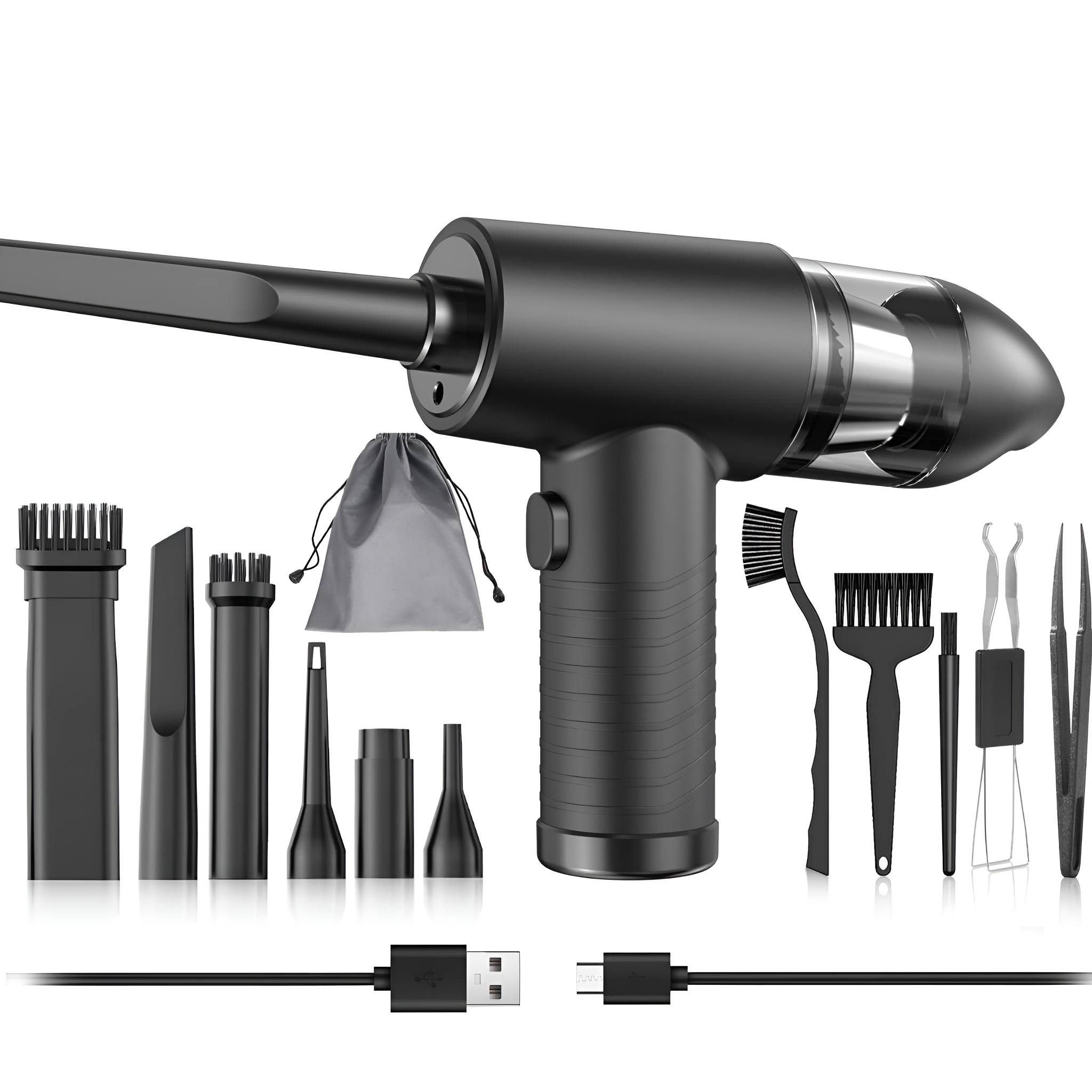 Schwarzer Mini-Staubsauger mit Aufsätzen, einschließlich Bürsten, Düsen und einem USB-Kabel.