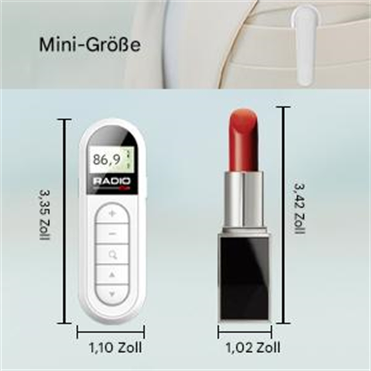 Vergleich eines Radios und eines Lippenstifts, der ihre Abmessungen in Zoll zeigt.