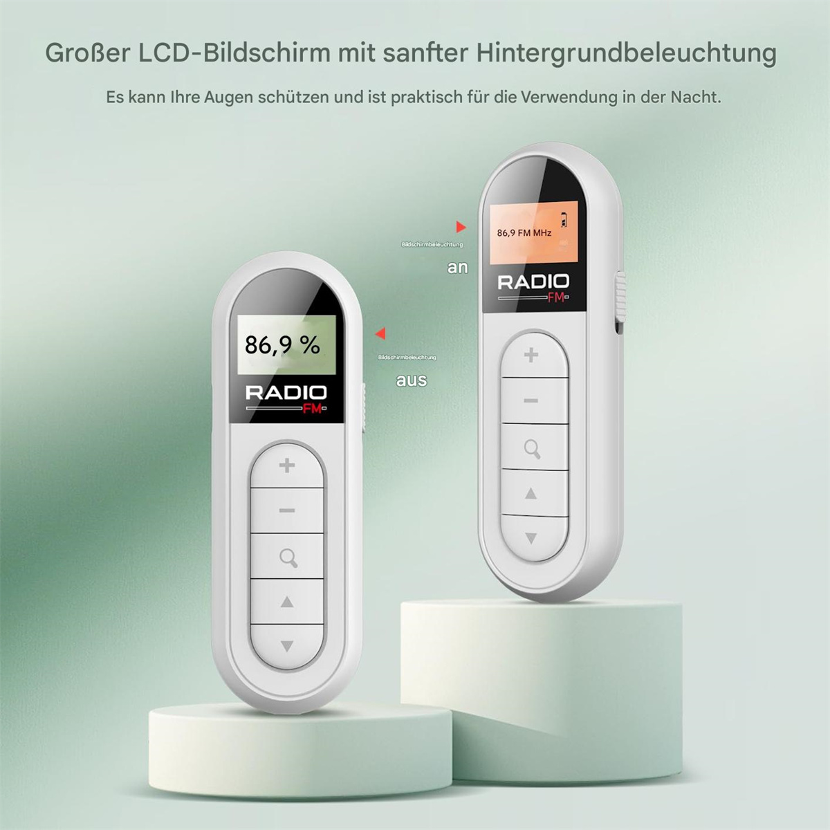 Zwei weiße Radios mit großem LCD-Bildschirm und Knöpfen. Der Bildschirm zeigt die Radioinformationen an. Text: Großer LCD-Bildschirm.