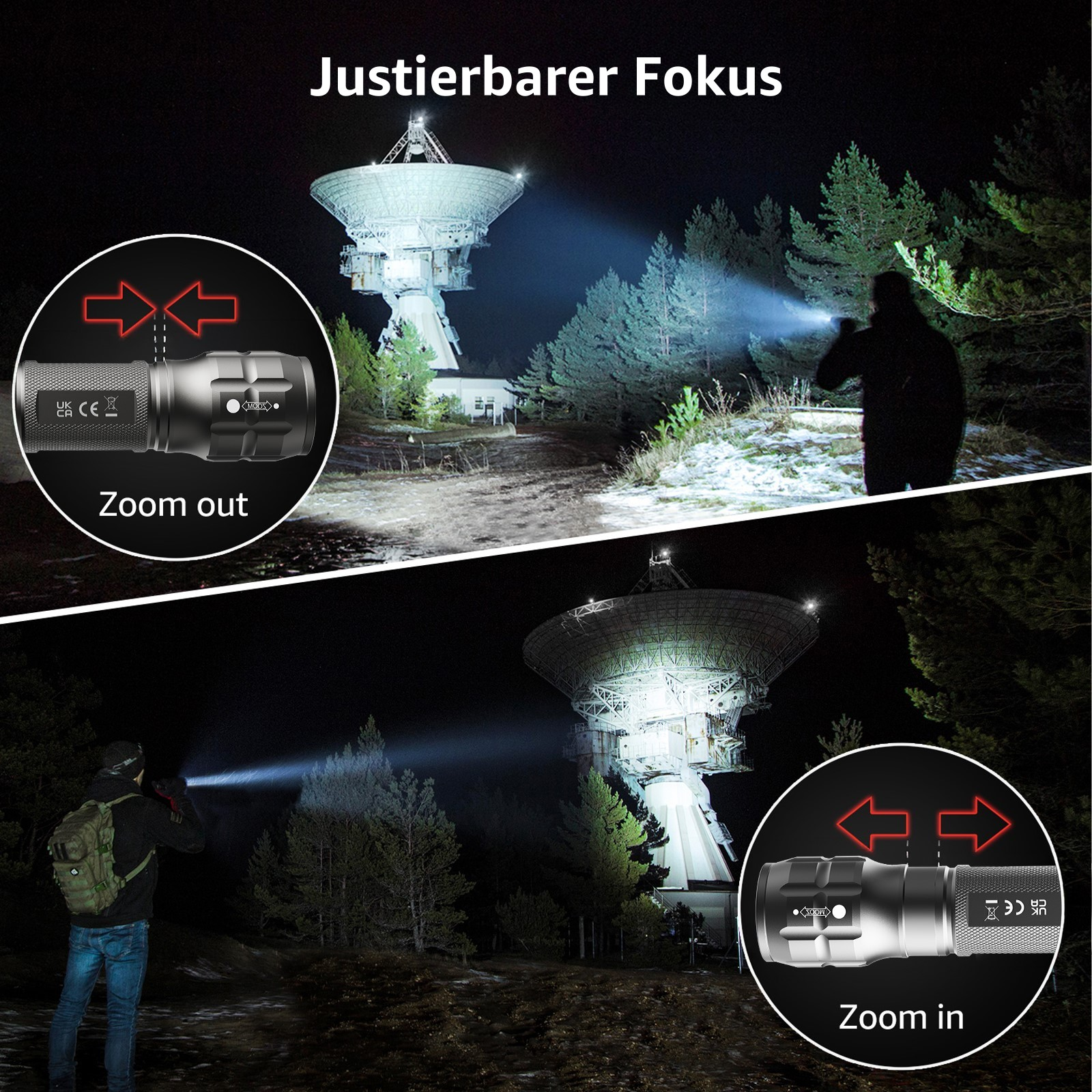 Zwei Bilder, die eine Taschenlampe mit einstellbarem Fokus zeigen, verwendet in Nachtszenen mit einer Satellitenschüssel.
