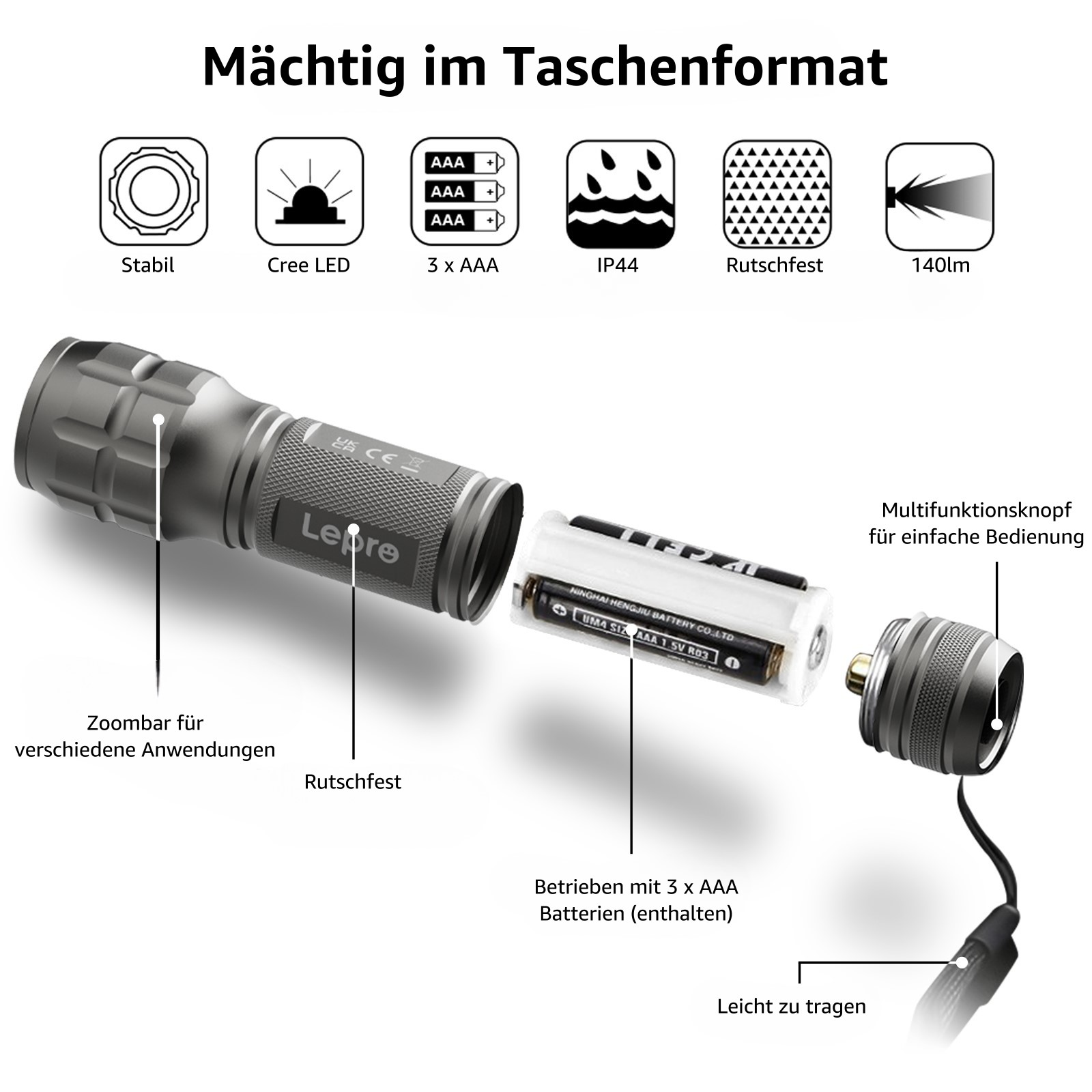 Silberne Taschenlampe zerlegt, mit Batterien, Zoomfunktion und Symbolen. Text: Mächtig im Taschenformat.
