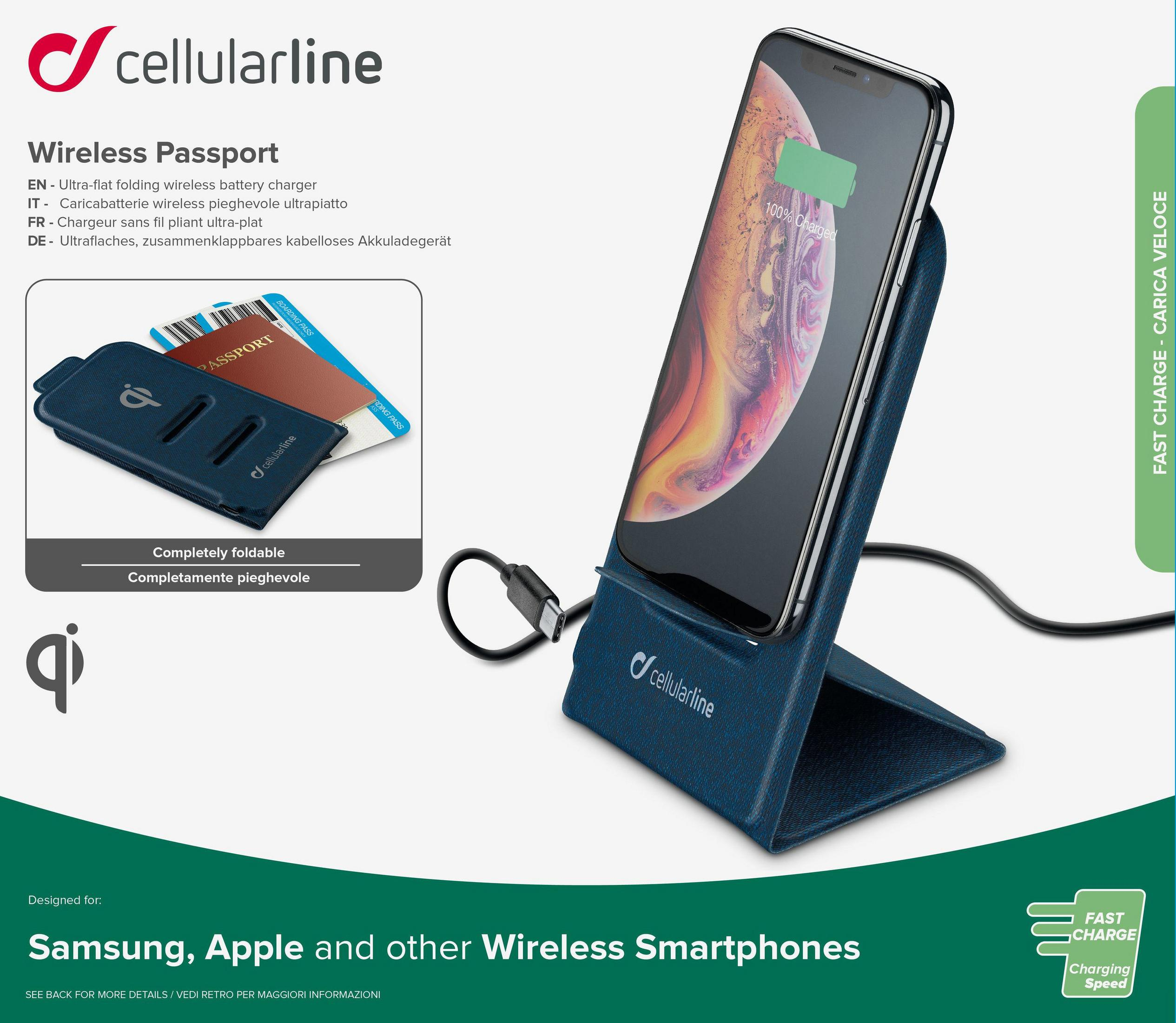 Kabelloses Ladepad mit Telefon, faltbares Design und Text.