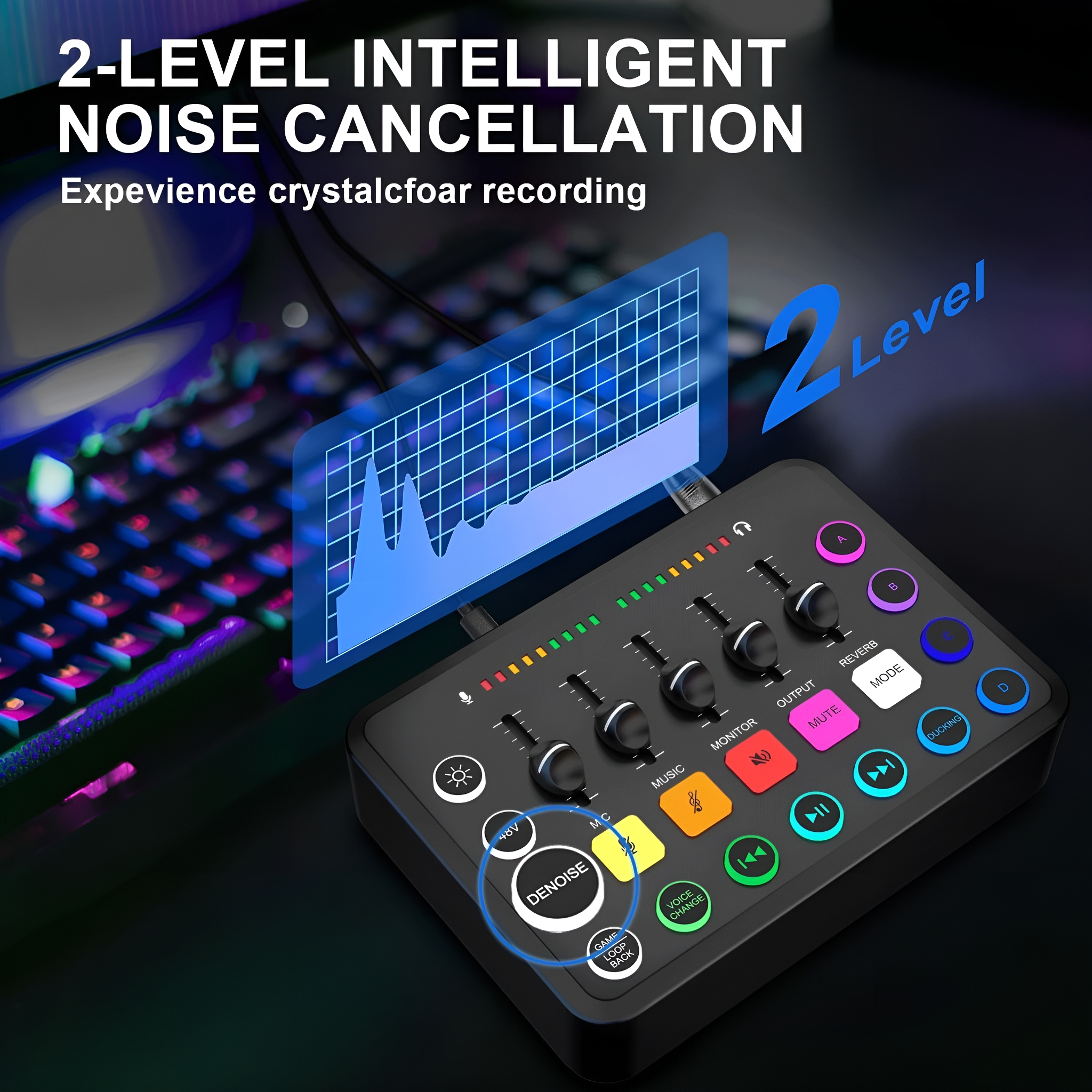 Schwarzes Audio-Interface mit Knöpfen, Tasten und Display mit blauer Wellenform, auf einem Schreibtisch.