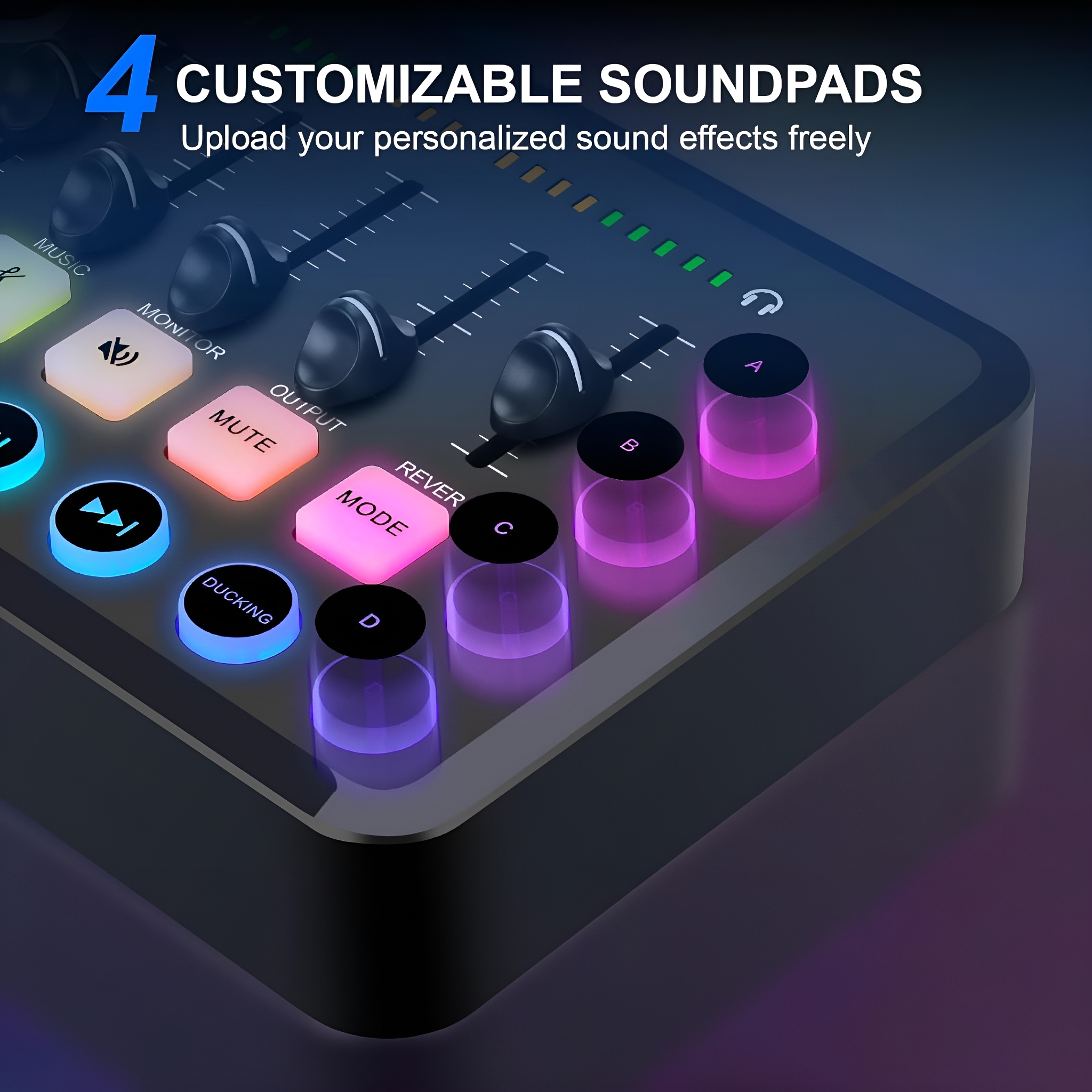 Soundmixer mit Tasten, anpassbaren Soundpads und einem schwarz-violetten Farbschema.