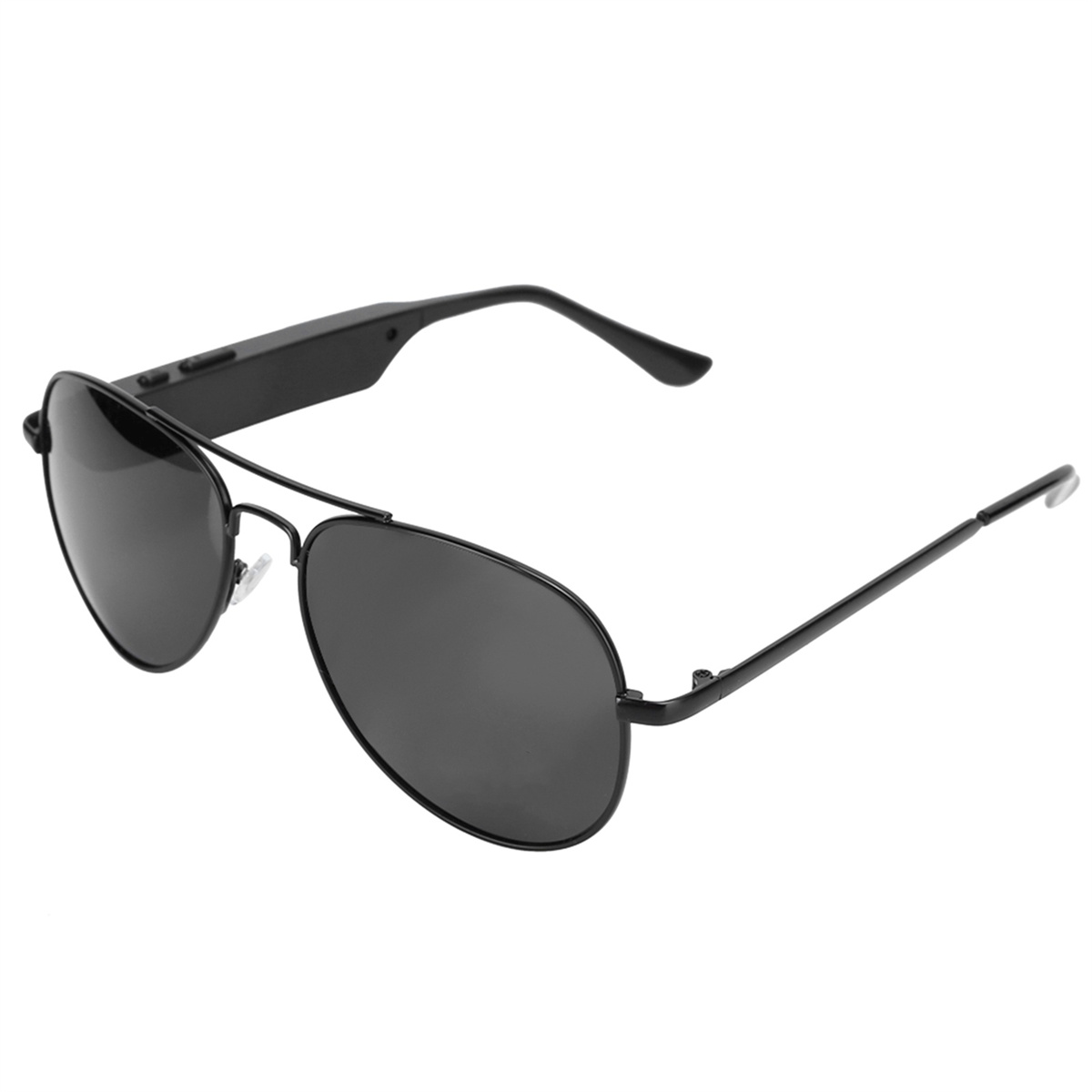 Schwarze Pilotenbrille mit schwarzem Gestell auf weißem Hintergrund.
