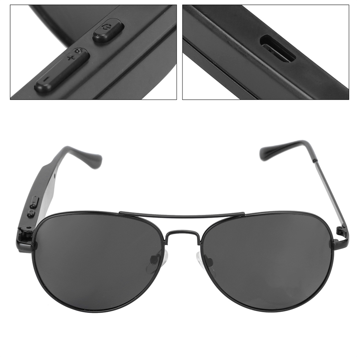 Schwarze Pilotenbrille mit Bedienelementen an der Seite, mit Detailaufnahme.