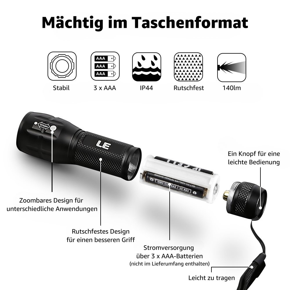 Schwarze Taschenlampe, zerlegt, um das Innere zu zeigen, mit Batterien und Komponenten beschriftet.