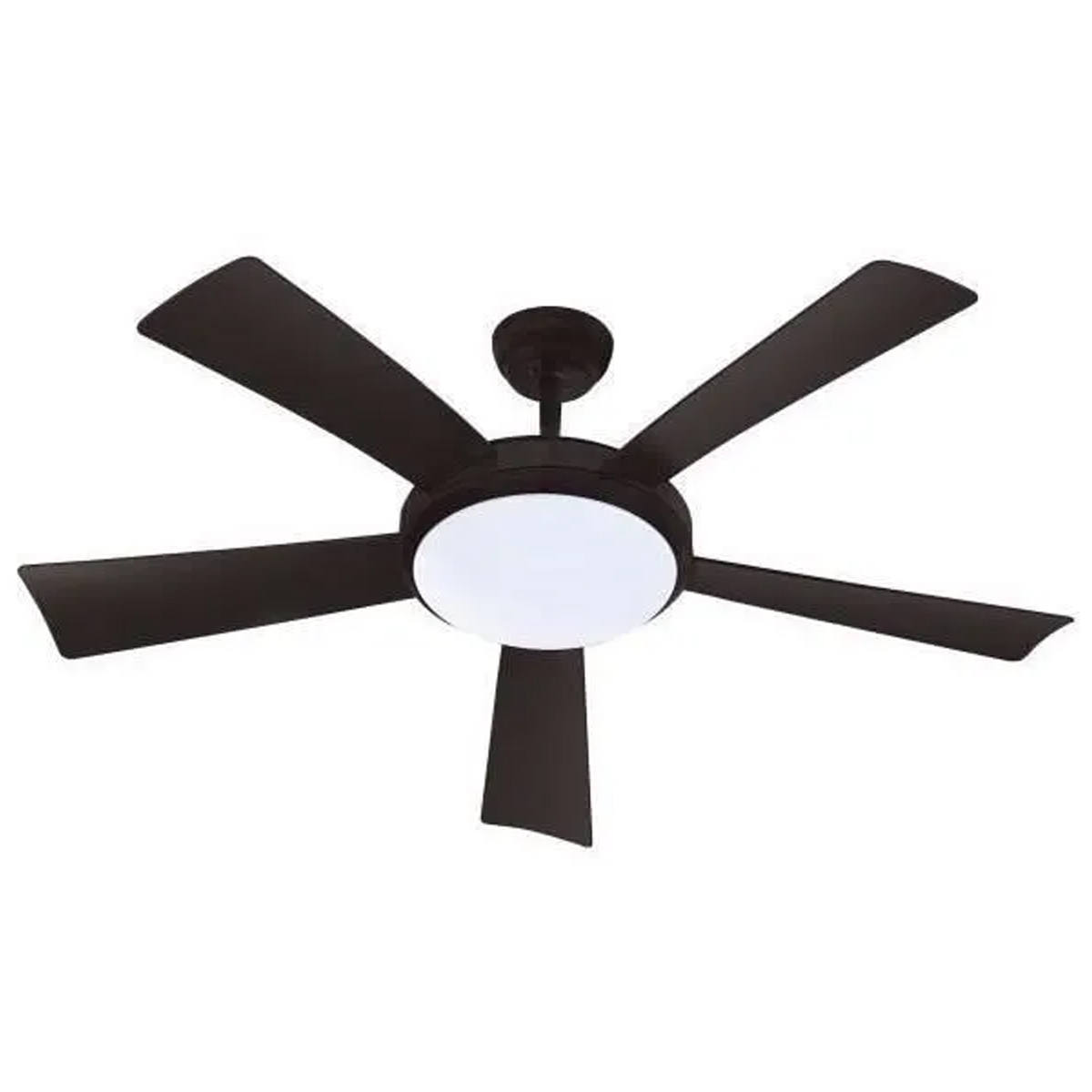 Un ventilatore da soffitto marrone scuro con cinque pale e una luce bianca al centro.