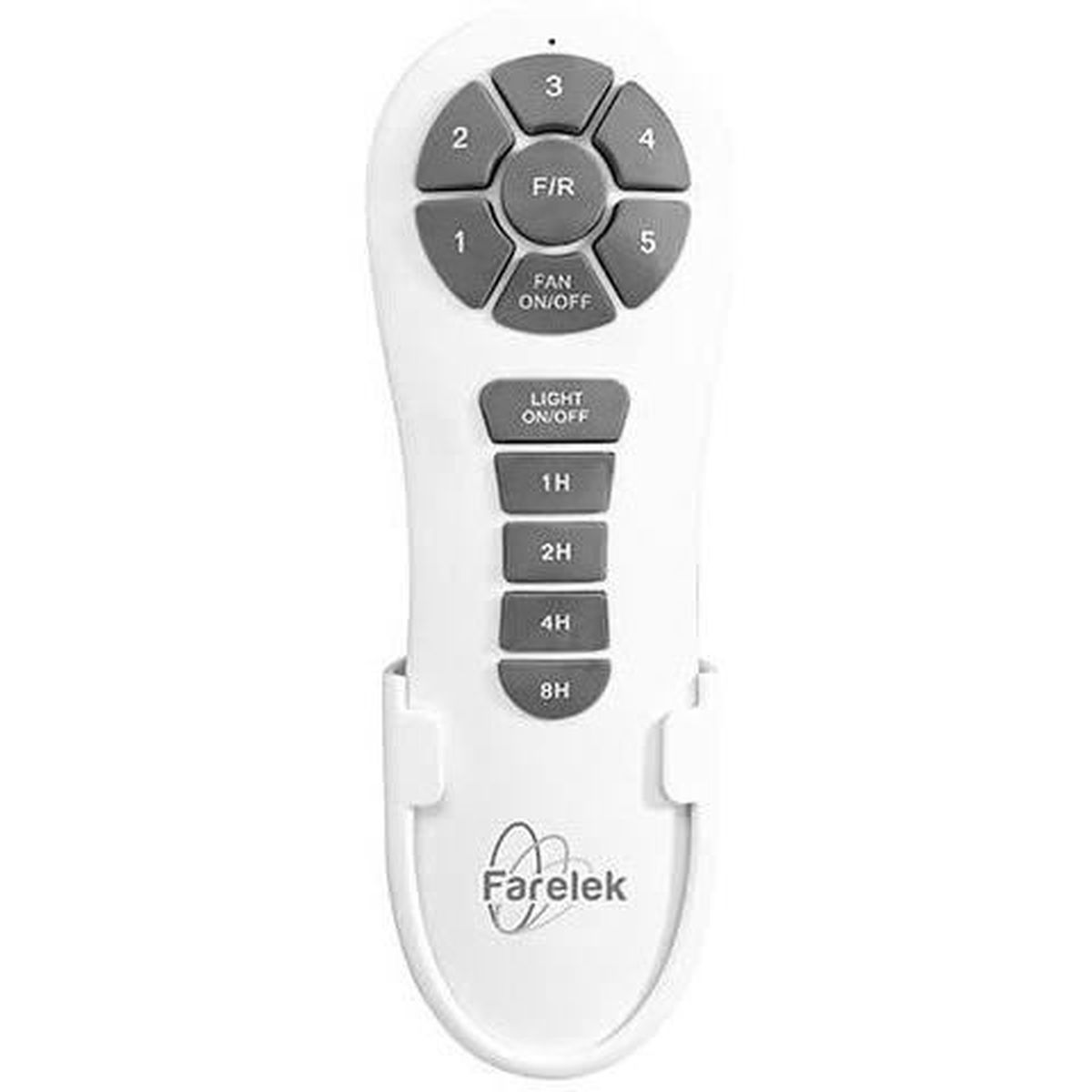 Telecomando bianco con pulsanti. Il telecomando ha un design curvo e il marchio.