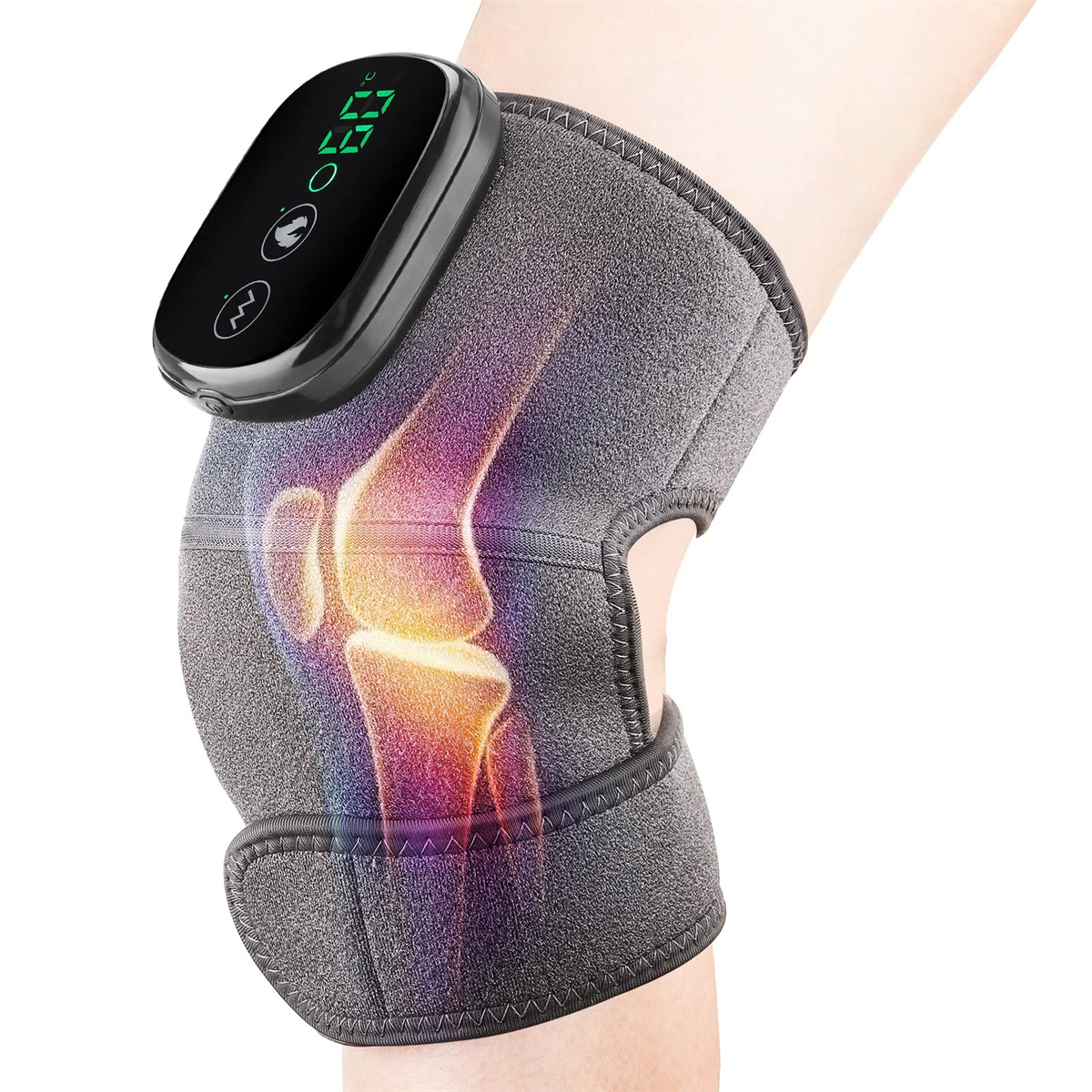 Knie einer Person mit grauer Orthese und digitaler Anzeige oben.