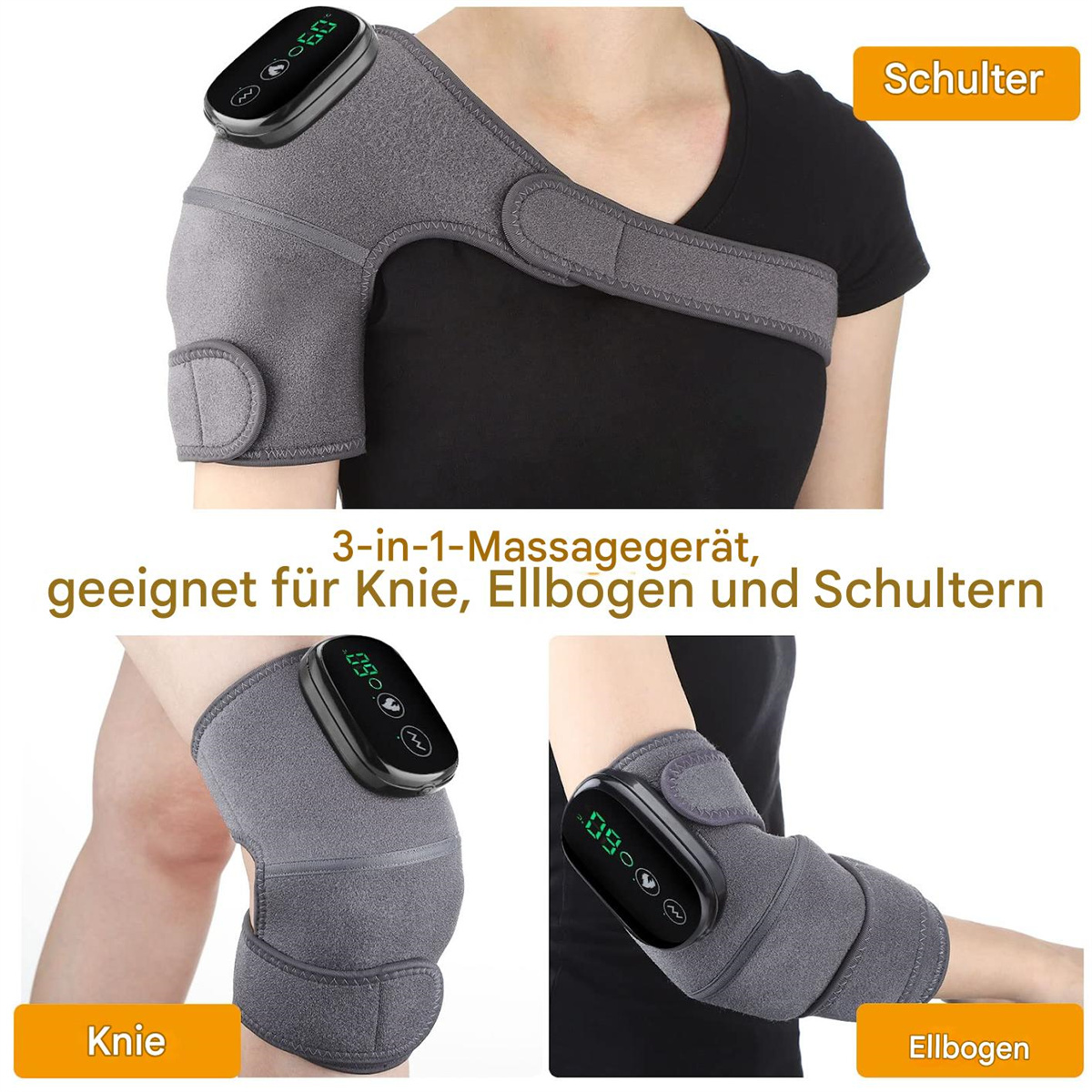 Massagegerät an Schulter, Knie und Ellbogen.