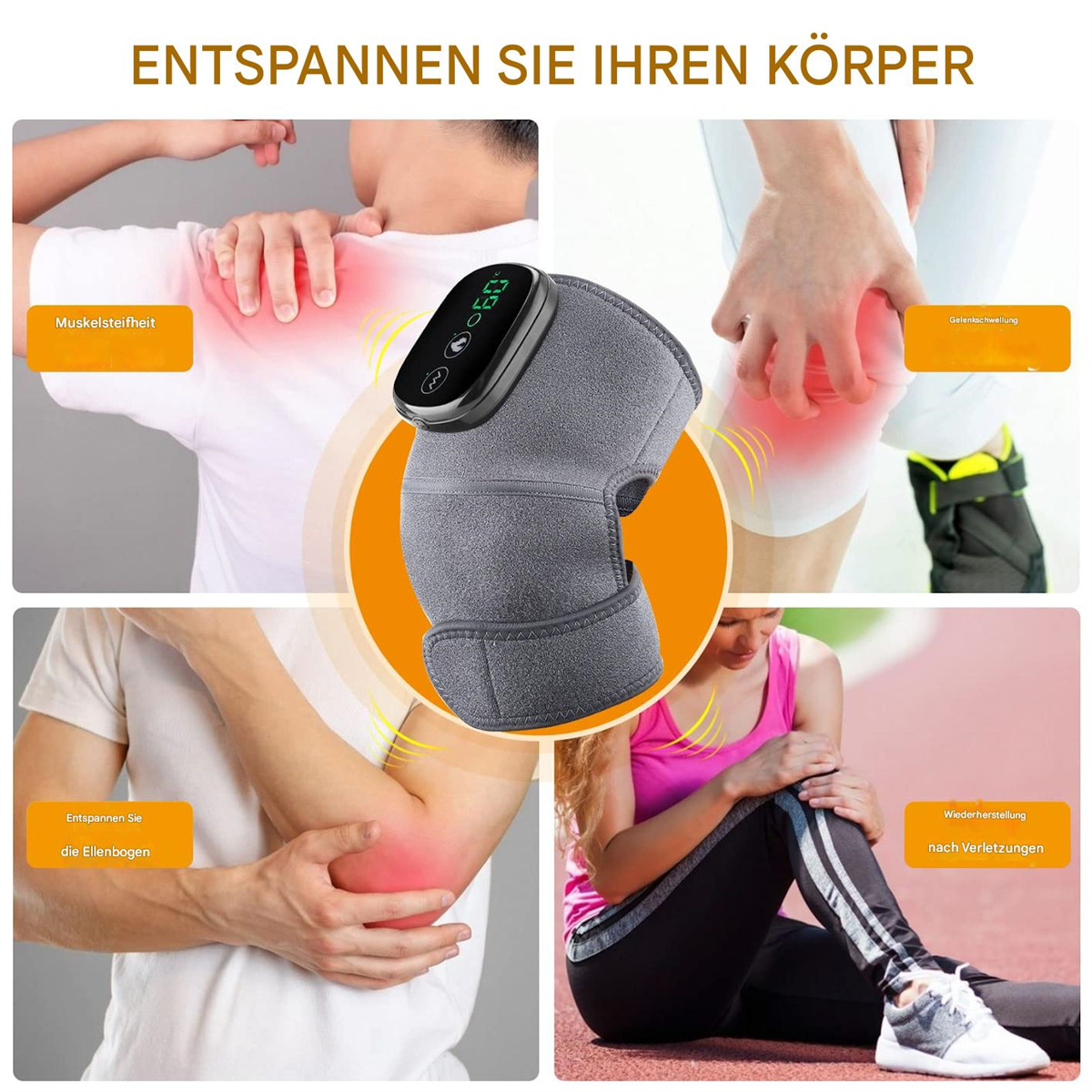 Ein Bild, das eine Kniebandage mit Beschriftungen zeigt, die auf Körperteile und Text verweisen.