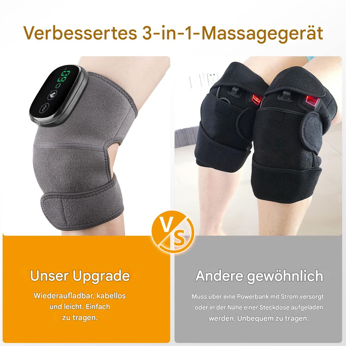 Zwei Knieorthesen. Eine ist grau und kabellos, die andere schwarz und benötigt eine Powerbank.