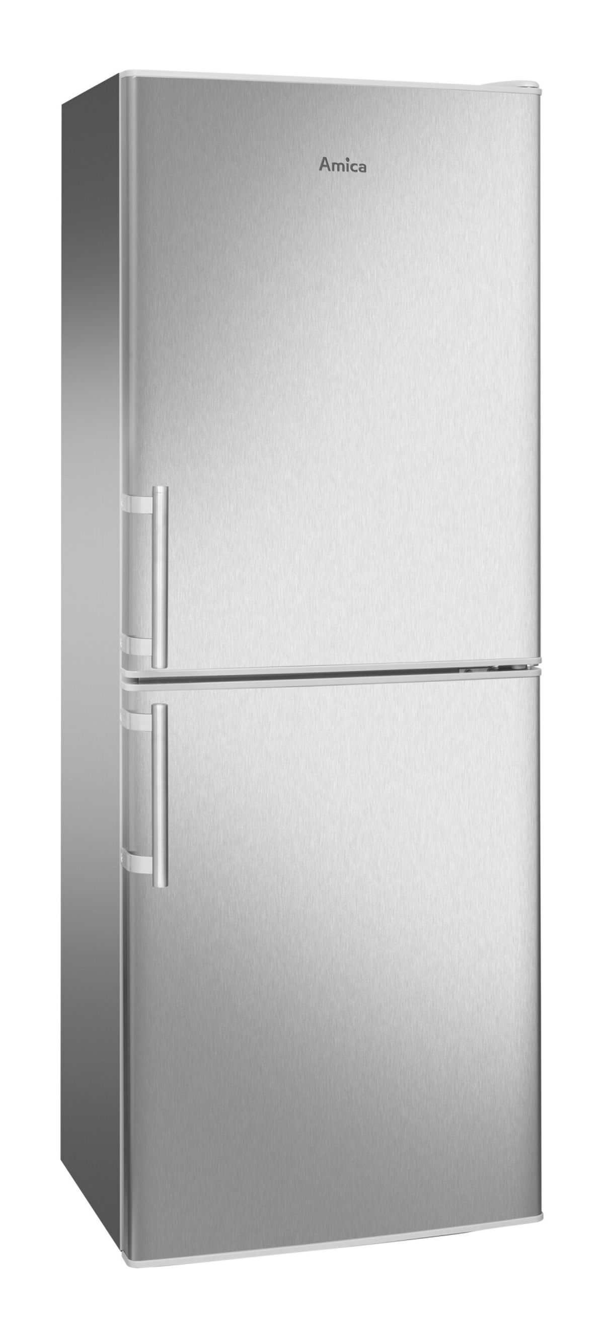 Kühlschrank aus Edelstahl mit zwei Türen, jeweils einem Griff und dem Markennamen 