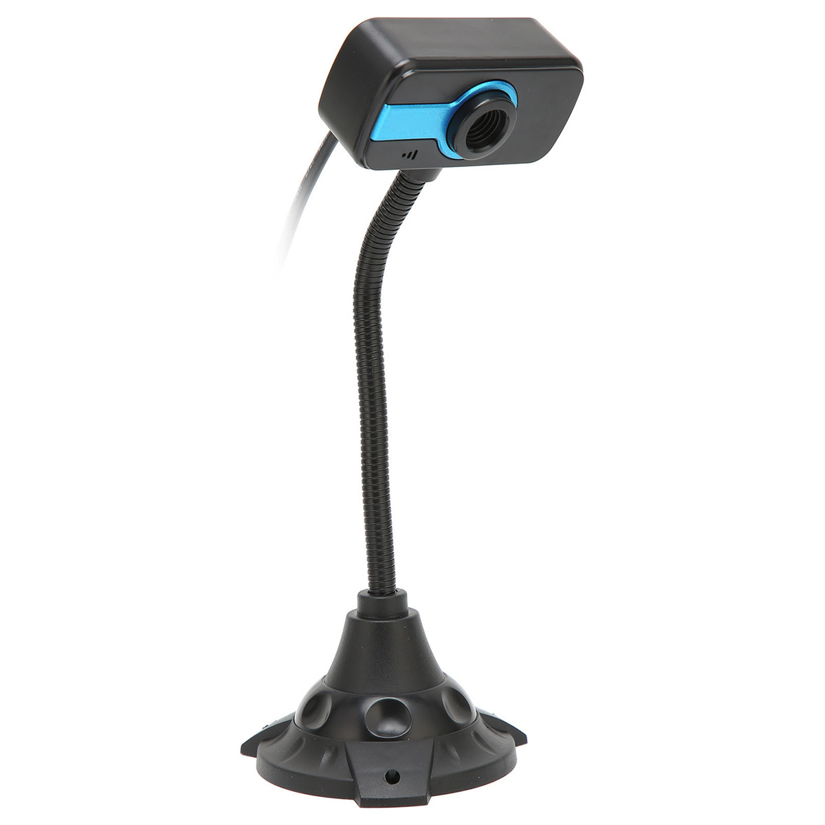 Schwarz-blaue Webcam an flexiblem Hals, an schwarzer Basis befestigt.