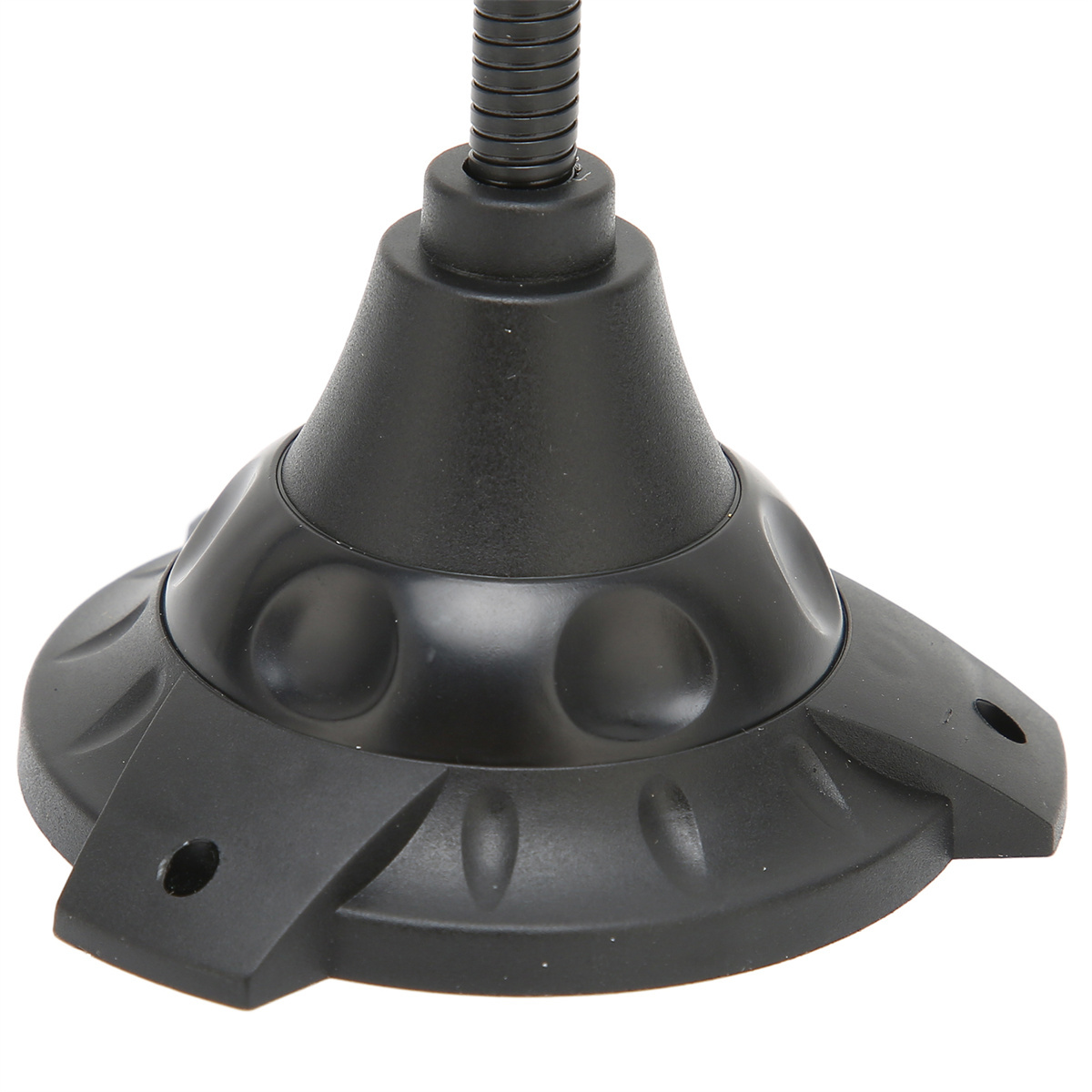 Schwarzer Sockel einer Lampe. Der Sockel hat eine runde Form und einen flexiblen Arm.