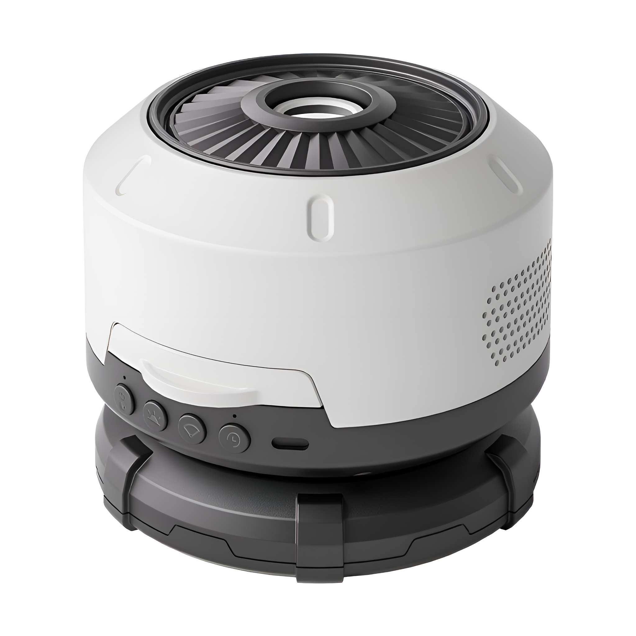 Weiß-graues, fächerförmiges Gerät. Es hat eine dunkelgraue Basis mit Knöpfen und eine Oberseite mit einem Ventilator.