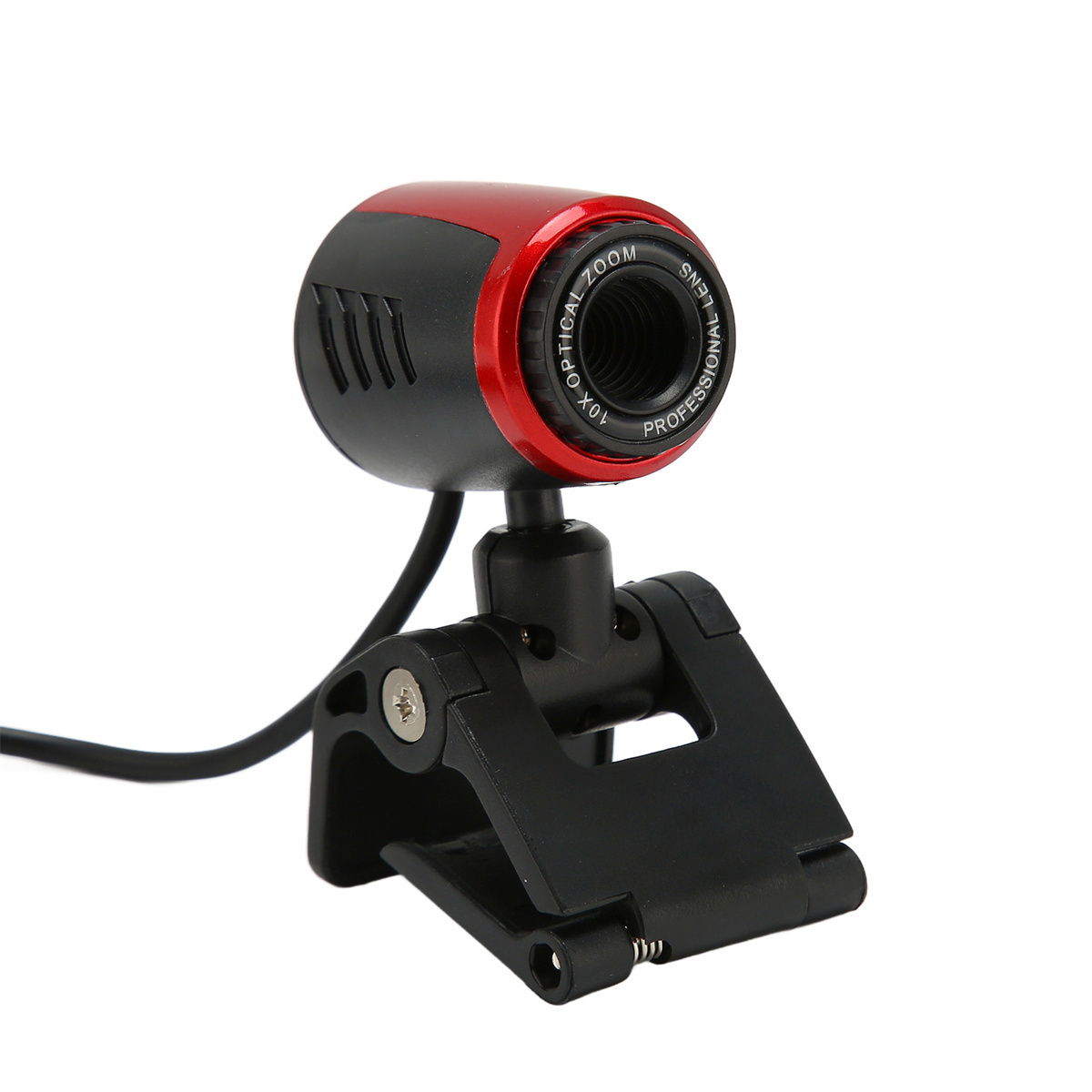 Webcam mit rotem und schwarzem Design. Sie hat ein Objektiv und steht auf einem schwarzen Ständer.