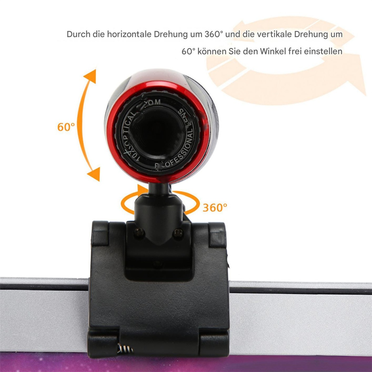 Eine schwarze Webcam, die an einem Computermonitor befestigt ist, mit 360- und 60-Grad-Drehpfeilen.