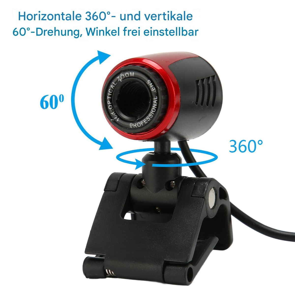 Schwarze und rote Webcam mit 360-Grad- und 60-Grad-Drehwinkeln.