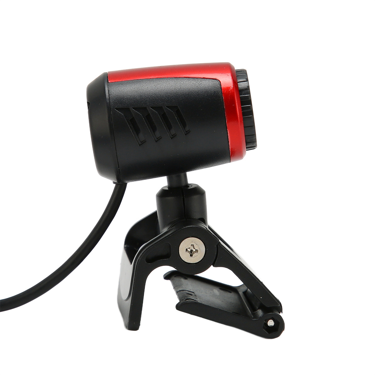 Eine rote und schwarze Webcam mit Clip auf weißem Hintergrund.
