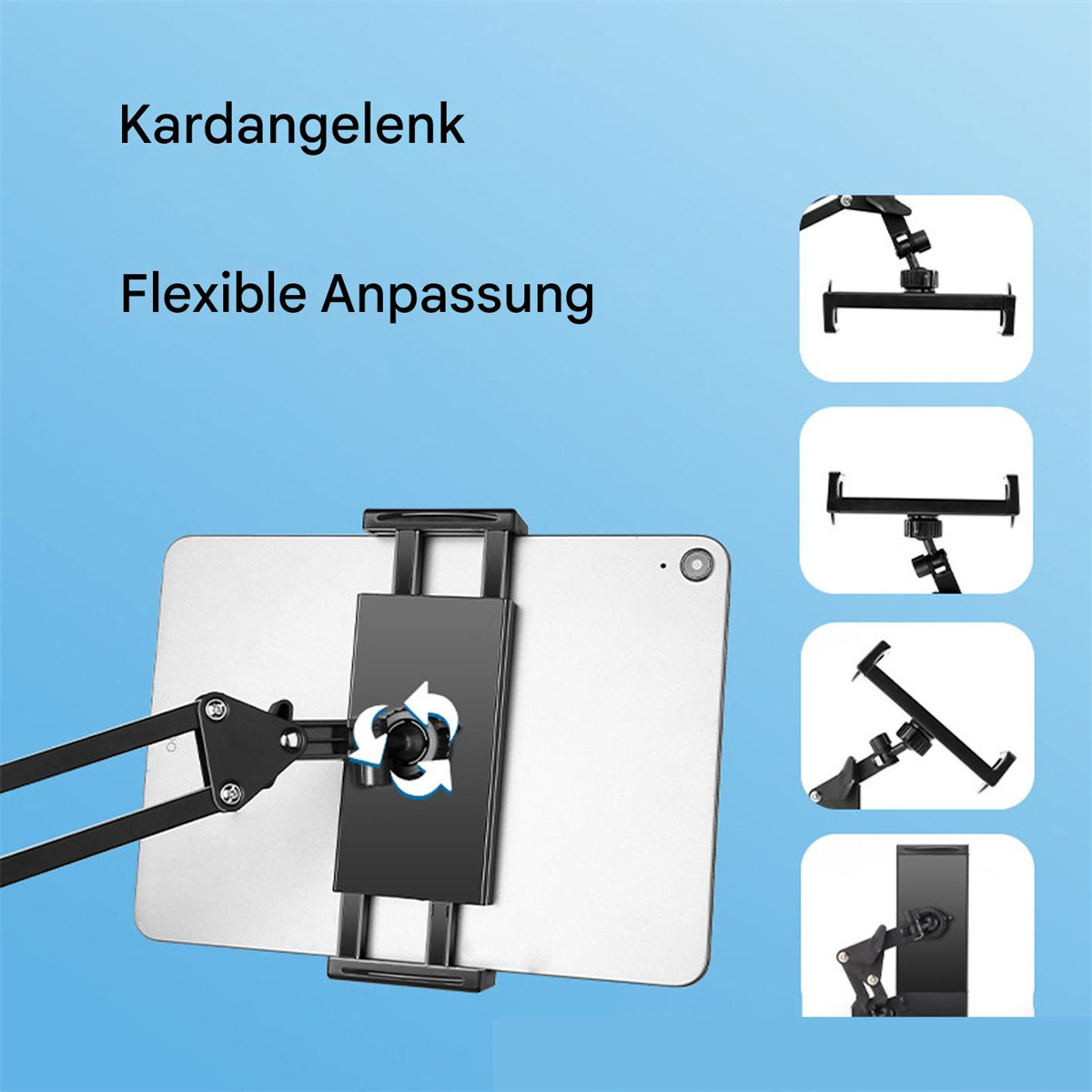 Tablet-Halterung mit verstellbarem Arm und verschiedenen Setup-Optionen auf Blau gezeigt.