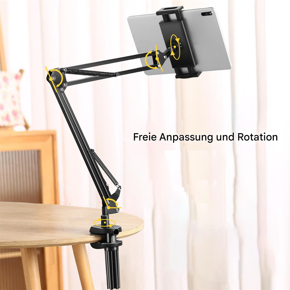 Ein Tablet ist an einem schwarzen, verstellbaren Ständer befestigt. Der Hintergrund hat den Text "Freie Anpassung und Rotation".