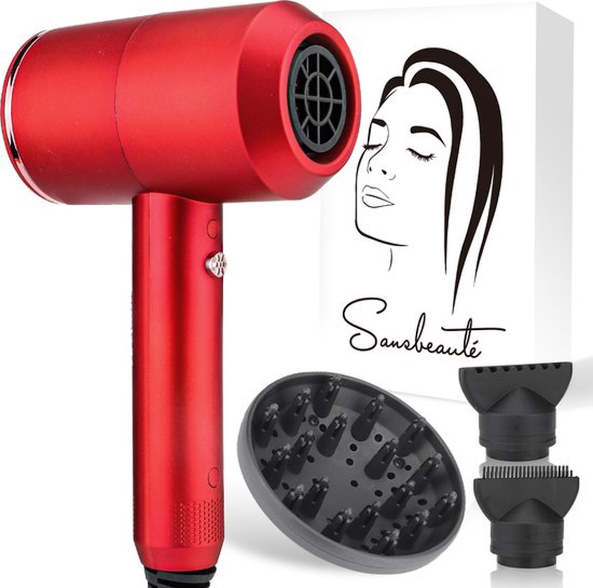 Rode haardroger, een diffuser en twee stylingmondstukken. Verpakking toont een vrouwengezicht.