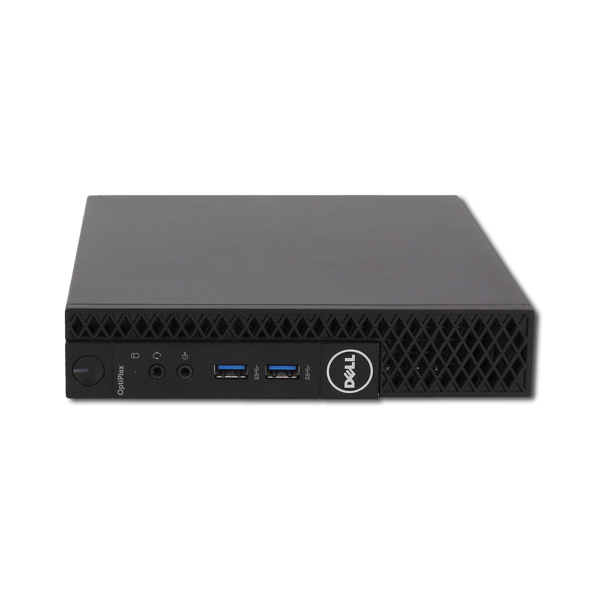 Ein schwarzer Dell OptiPlex Desktop-Computer im kleinen Formfaktor auf weißem Grund.