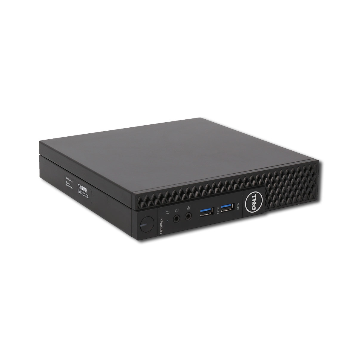 Schwarzer Dell OptiPlex Computer, kleiner Formfaktor, mit Frontanschlüssen und Dell Logo.