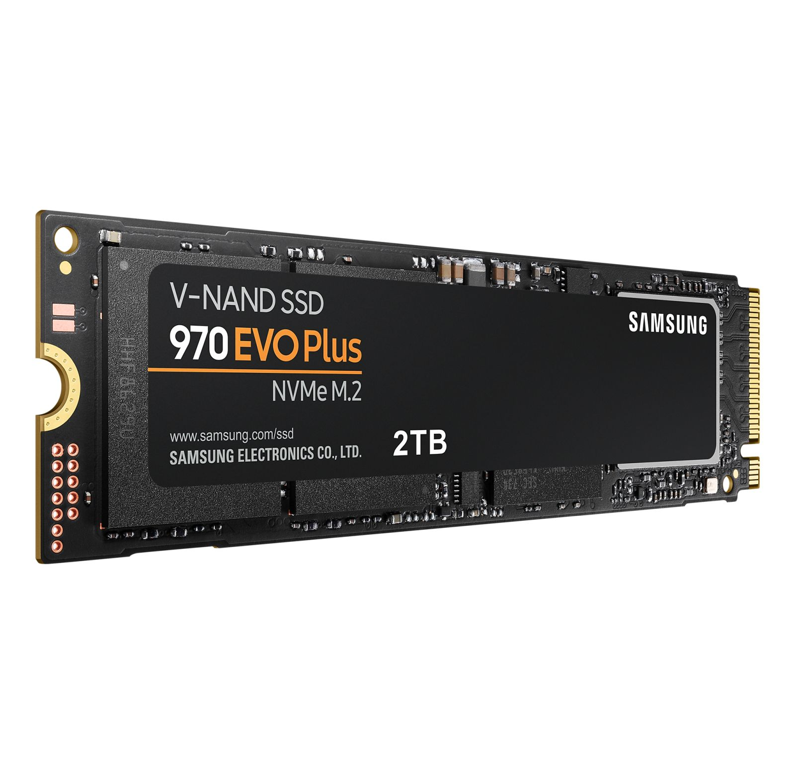 Zwarte SSD-schijf met witte tekst, zilveren en zwarte componenten. Merknaam: Samsung.