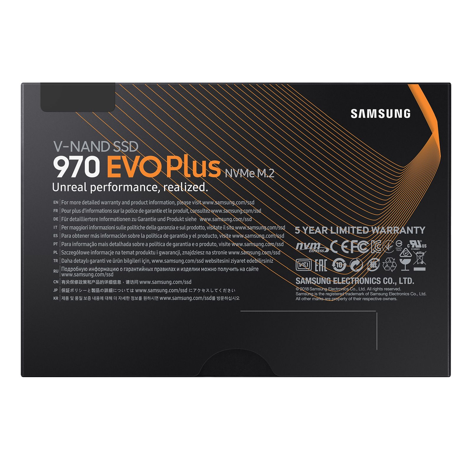 Doos met tekst in vele talen. Product is V-NAND SSD 970 EVO Plus NVMe M.2.