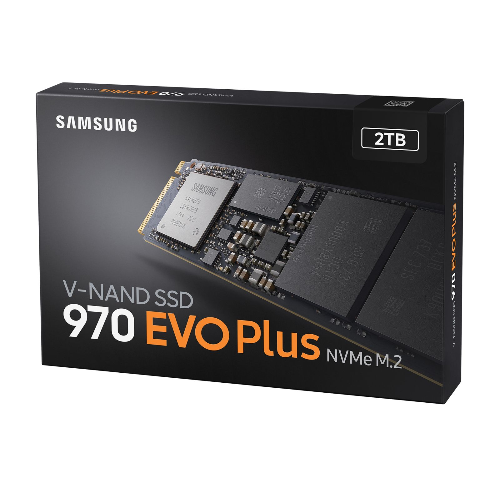 Een zwarte doos met een SSD erin. Het heeft SAMSUNG en 2TB op de voorkant. Witte achtergrond.