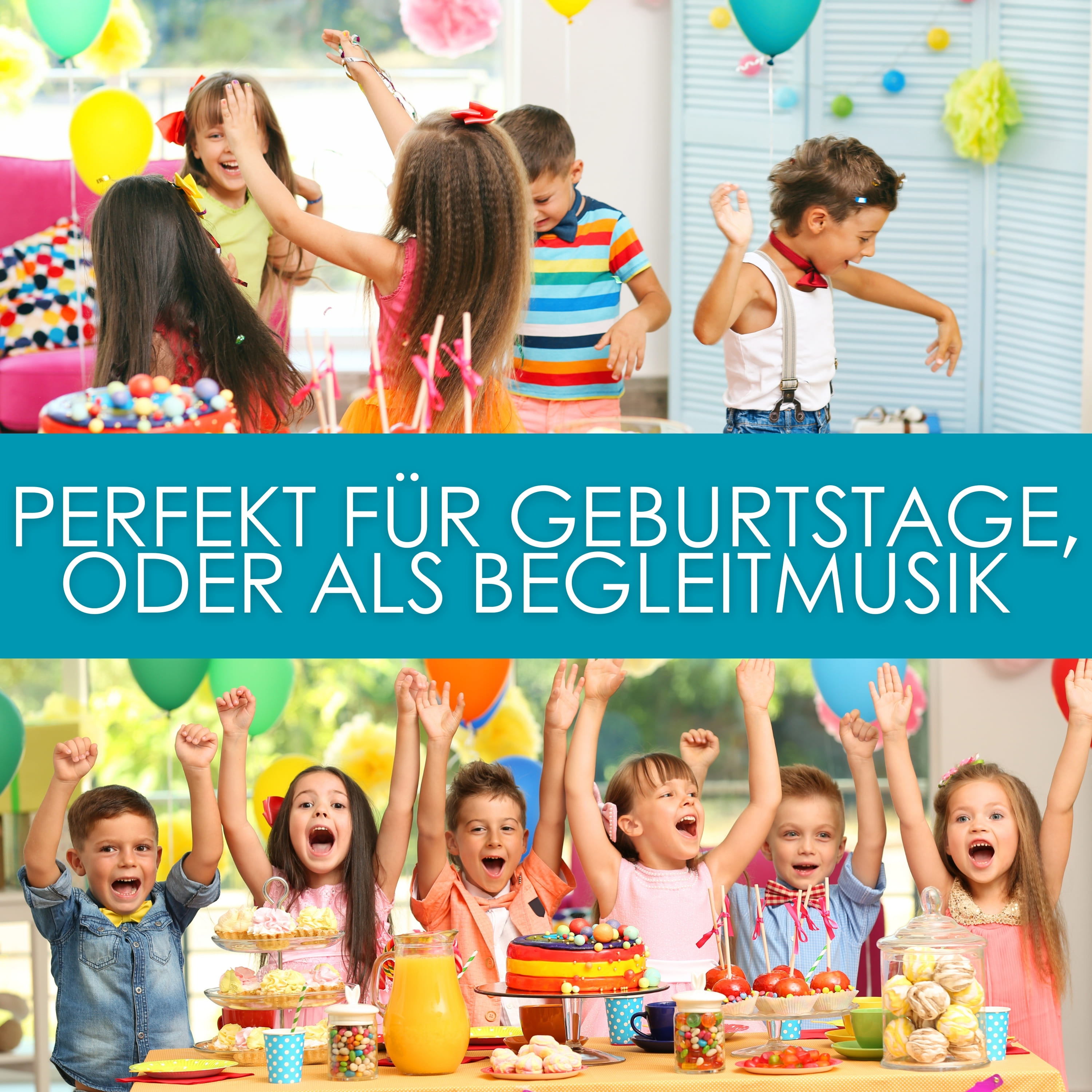 Kinder auf einer Geburtstagsparty mit Kuchen, Luftballons und freudigen Gesichtern.
