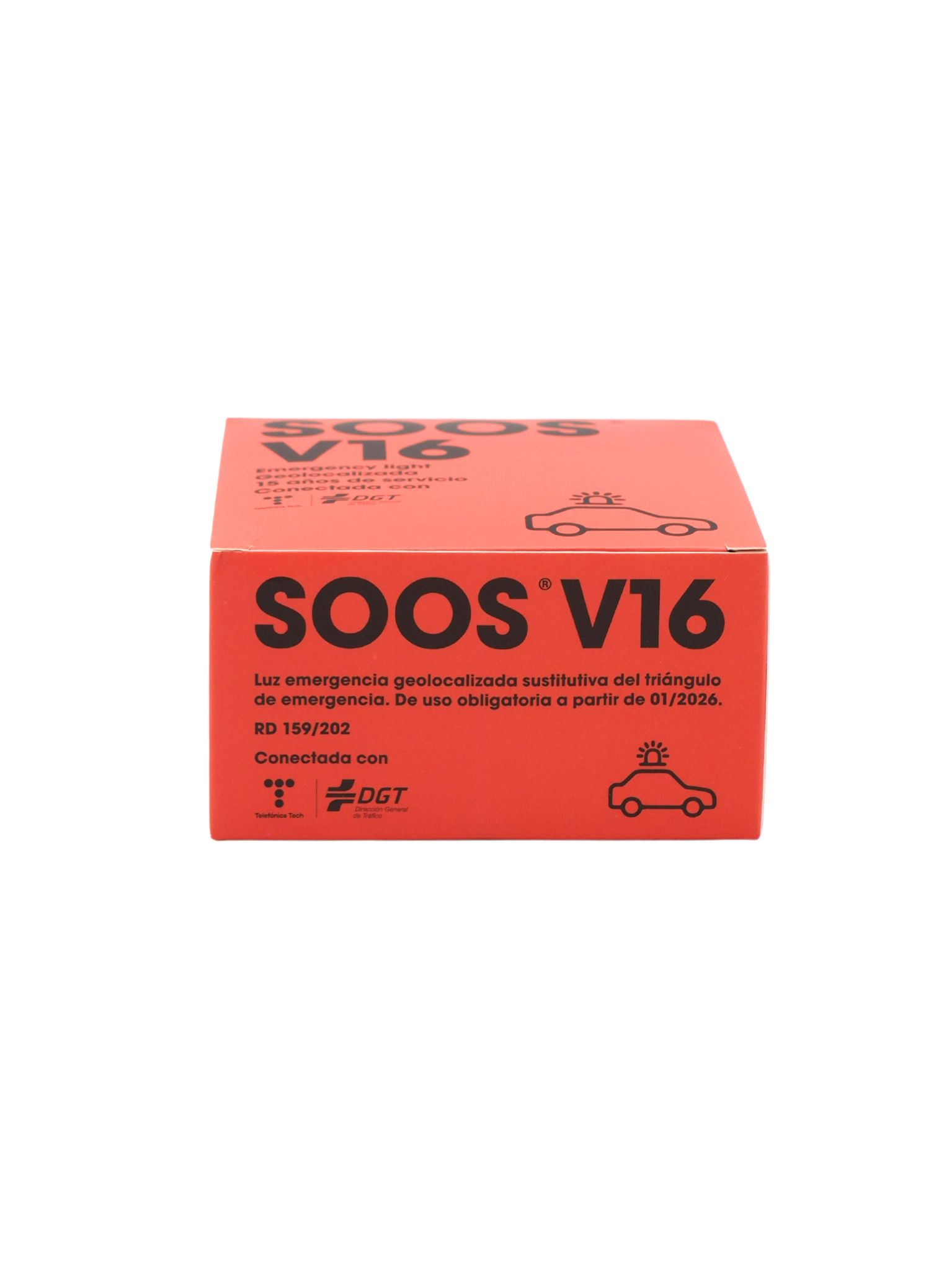 Caja roja con texto blanco, luz de emergencia SOOS V16 con icono de coche.