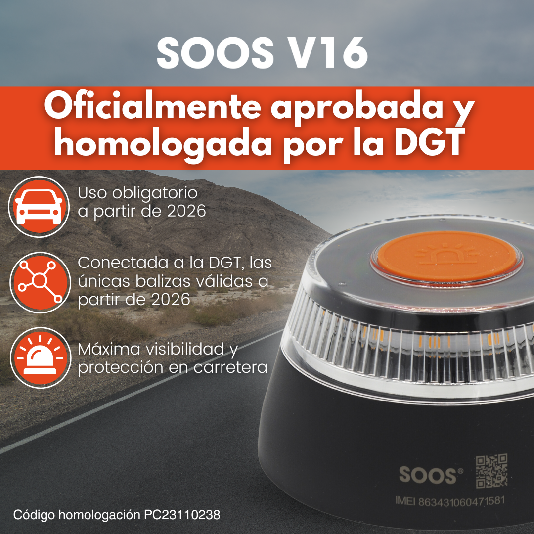 Dispositivo SOOS V16 con texto, icono de coche e imagen de carretera.