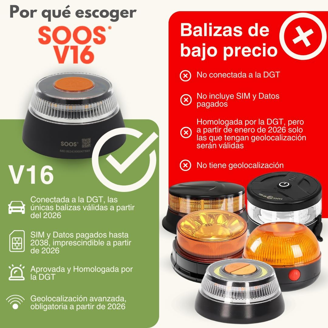 Una luz negra y naranja con texto en español. Incluye 'SOOS V16'.