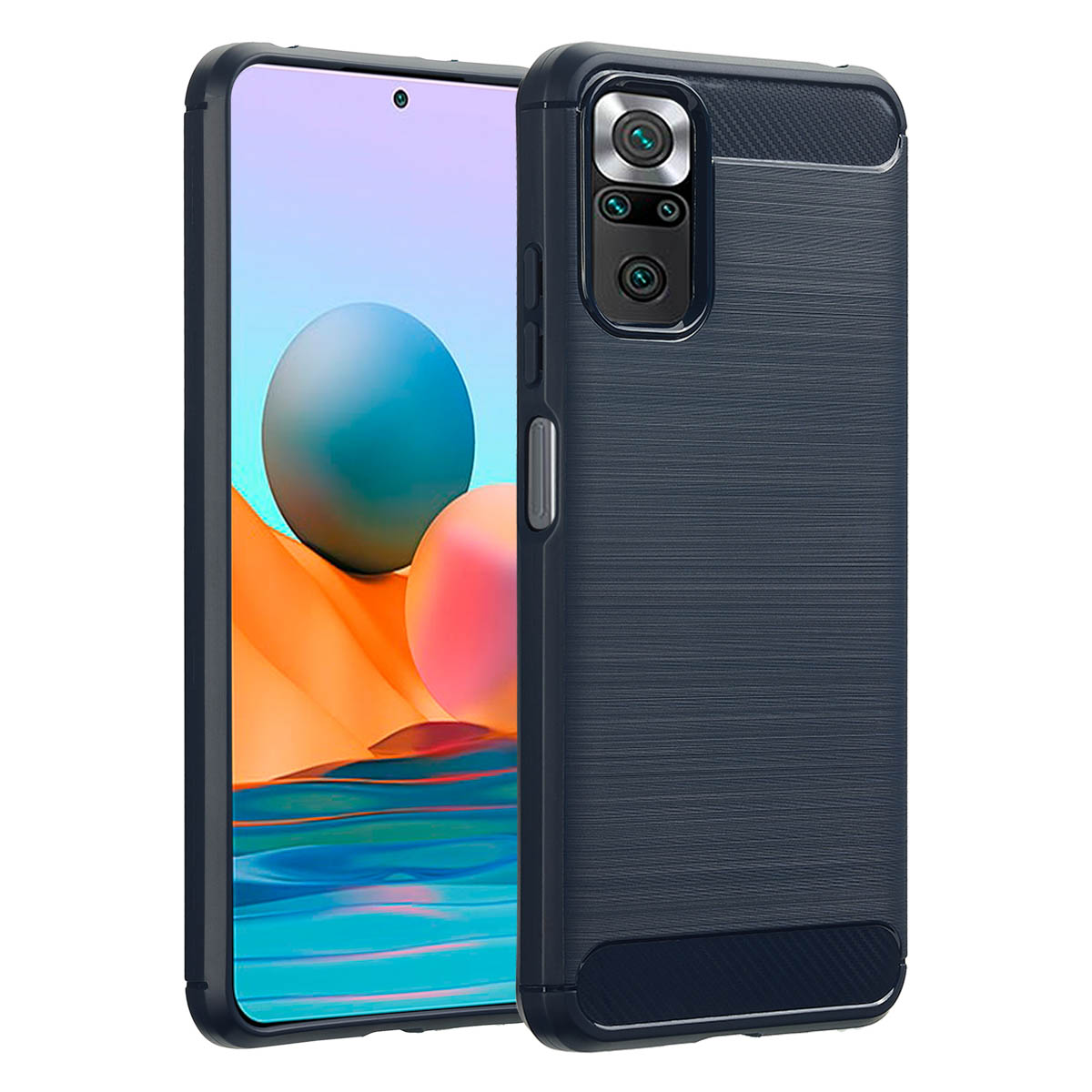 Coque de téléphone bleu foncé avec un téléphone à l'intérieur. La coque a un dos texturé.