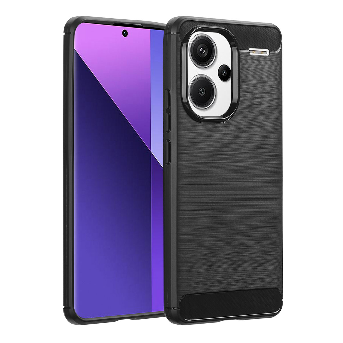 Een zwarte telefoonhoes met een getextureerde achterkant en twee camera's.