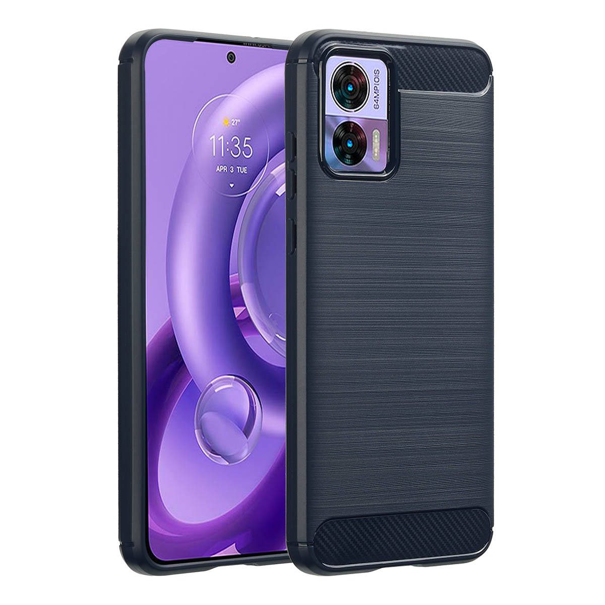 Een donkerblauwe telefoon met een hoesje op een witte achtergrond. De telefoon heeft een camera.