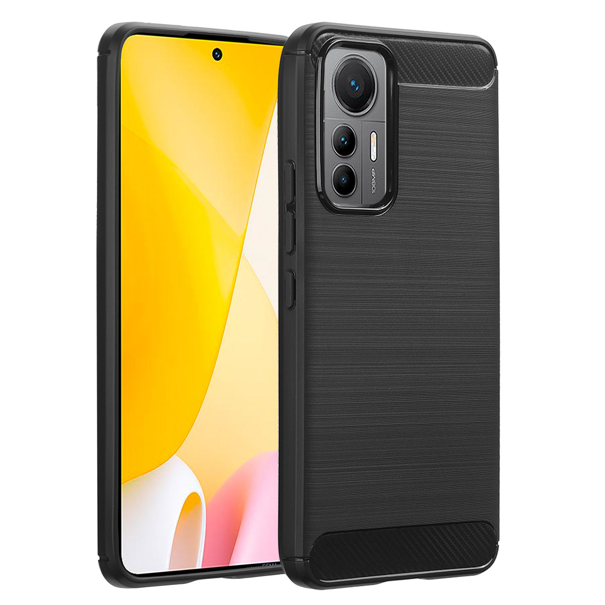 Deux coques de téléphone noires. L'une affiche un écran jaune.